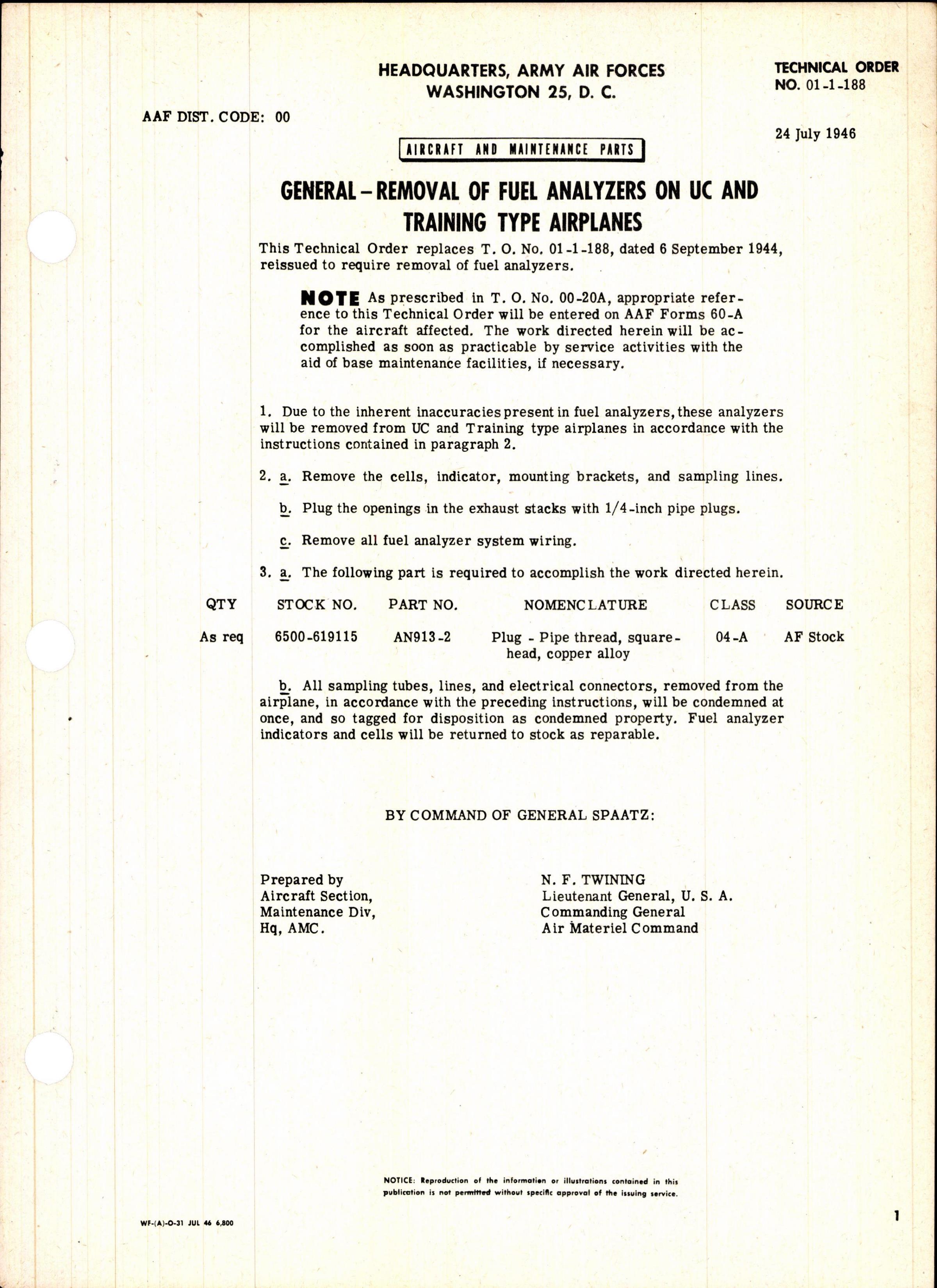 Sample page 1 from AirCorps Library document: Removal of Fuel Analyzers on UC and Training Type Airplanes