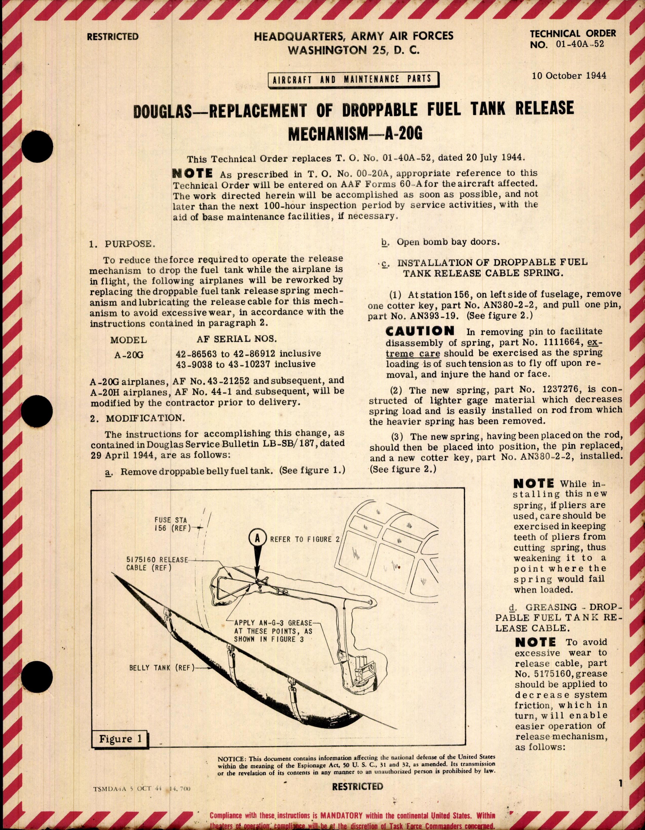 Sample page 1 from AirCorps Library document: Replacement of Droppable Fuel Tank Release Mechanism for A-20G