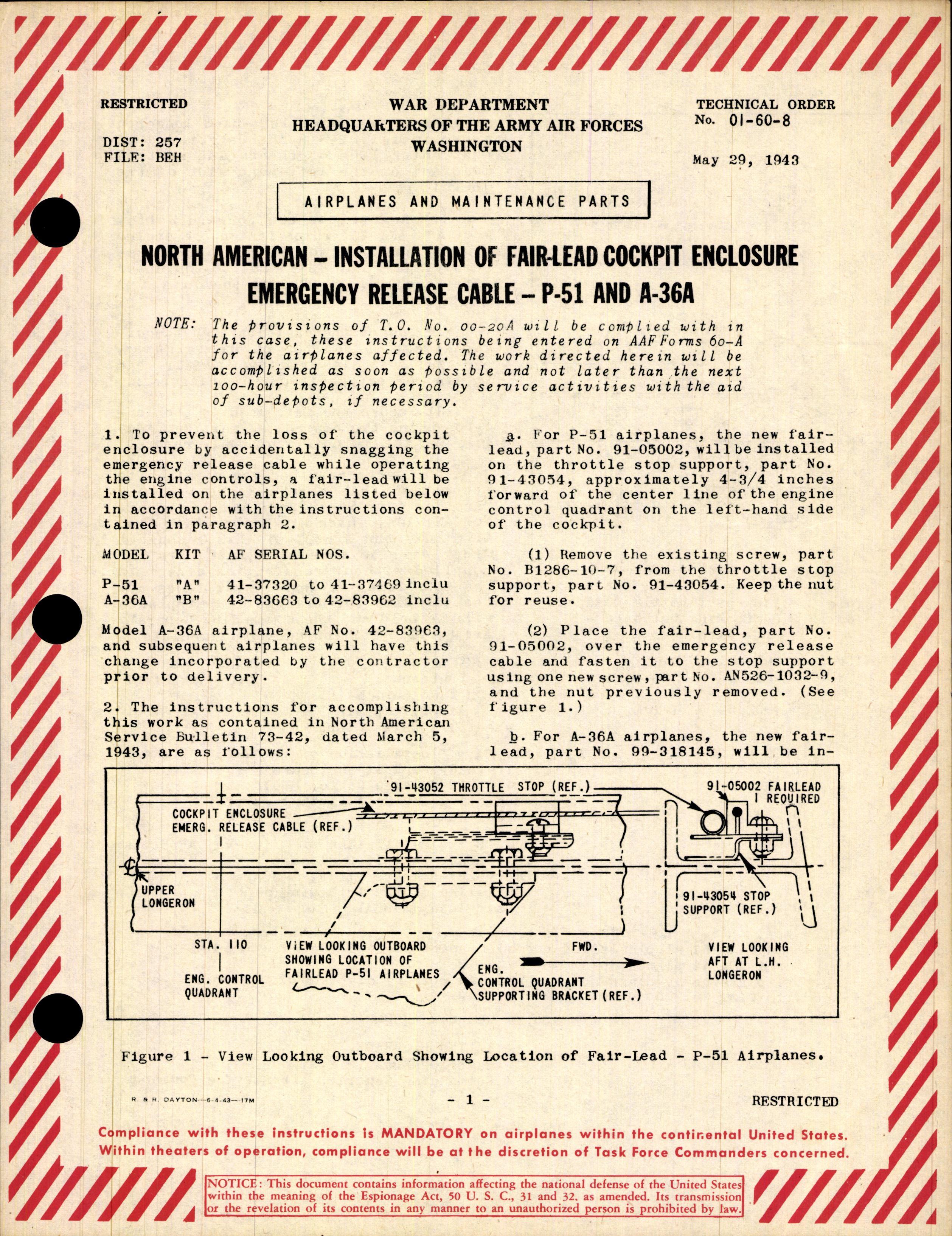 Sample page 1 from AirCorps Library document: Installation of Fair-Lead Cockpit Enclosure Emergency Release Cable for P-51 and A-36A