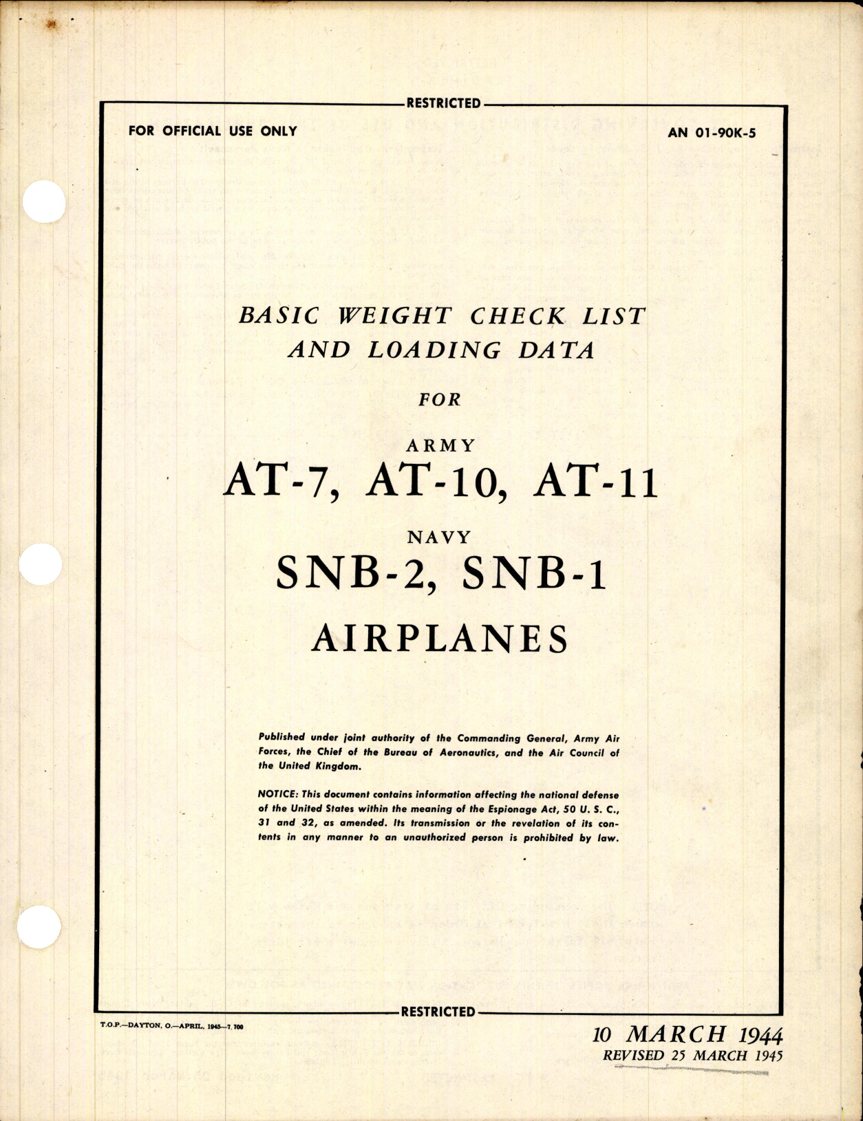 Sample page 1 from AirCorps Library document: Basic Weight Check List & Loading Data for AT-7, AT-10, AT-11, SNB-1, and SNB-2 Airplanes