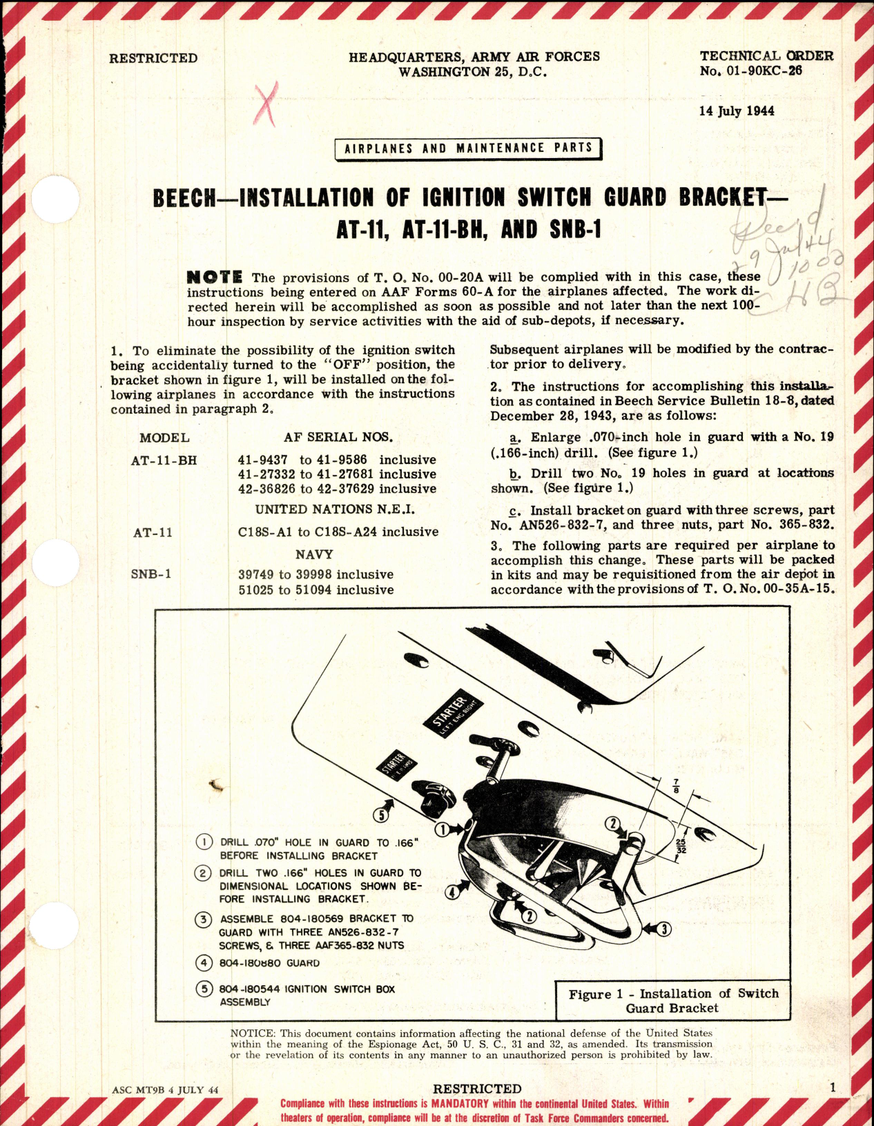 Sample page 1 from AirCorps Library document: Installation of Ignition Switch Guard Bracket for AT-11, AT-11-BH, and SNB-1