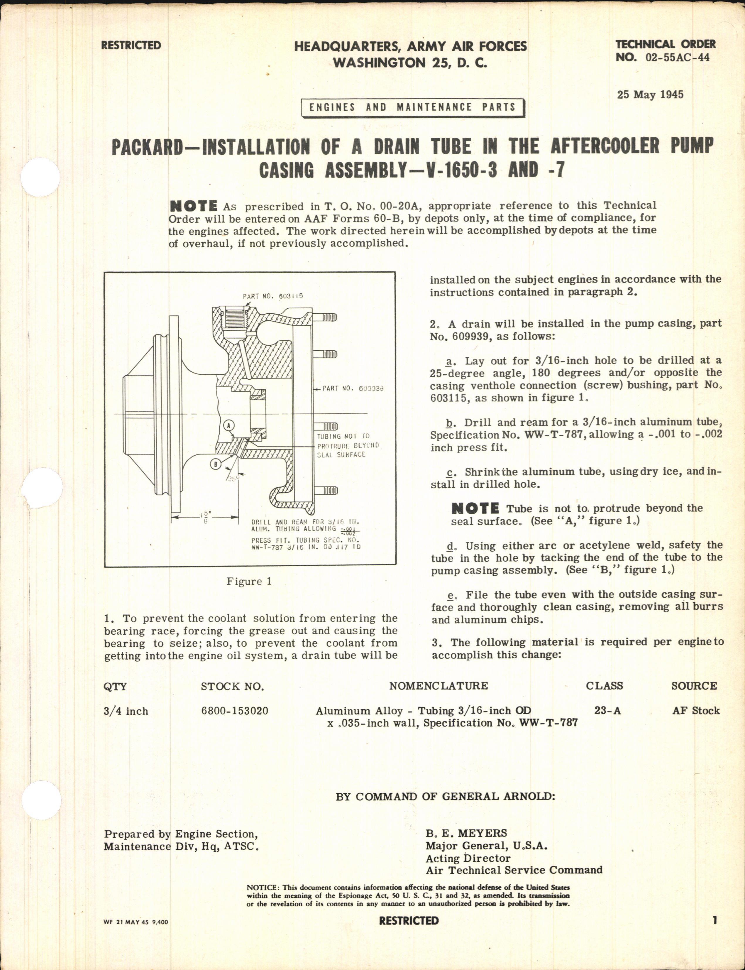 Sample page 1 from AirCorps Library document: Installation of a Drain Tube in the Aftercooler Pump Casing Assembly for V-1650-3 and -7