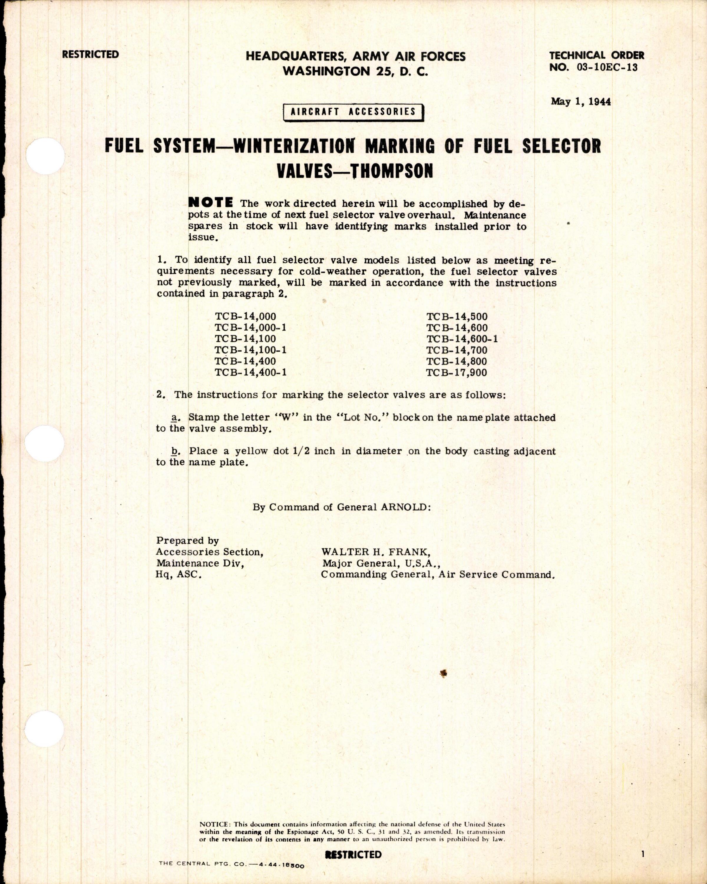 Sample page 1 from AirCorps Library document: Winterization Marking of Thompson Fuel Selector Valves