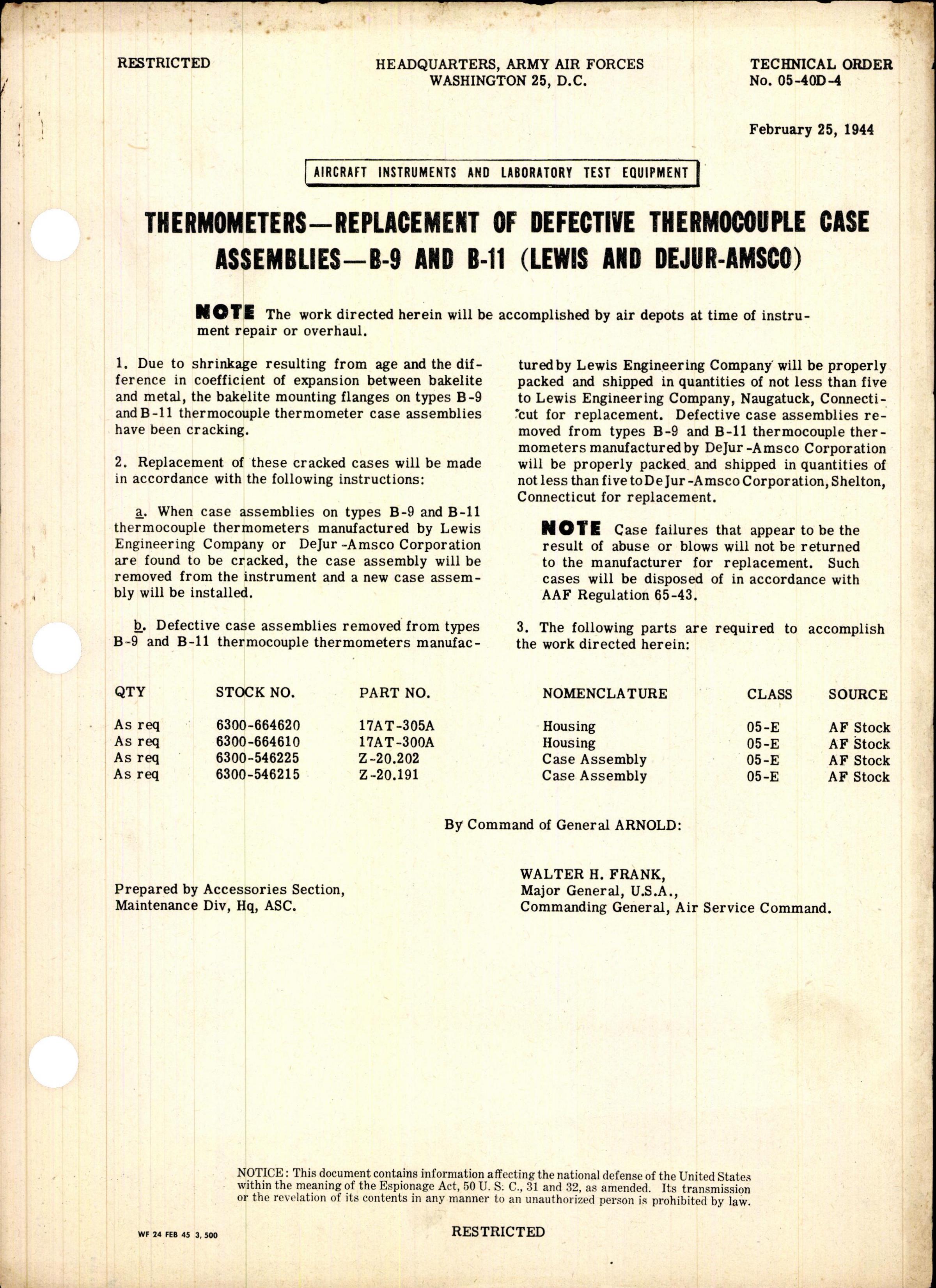 Sample page 1 from AirCorps Library document: Replacement of Defective Thermocouple Thermometer Case Assemblies B-9 and B-11