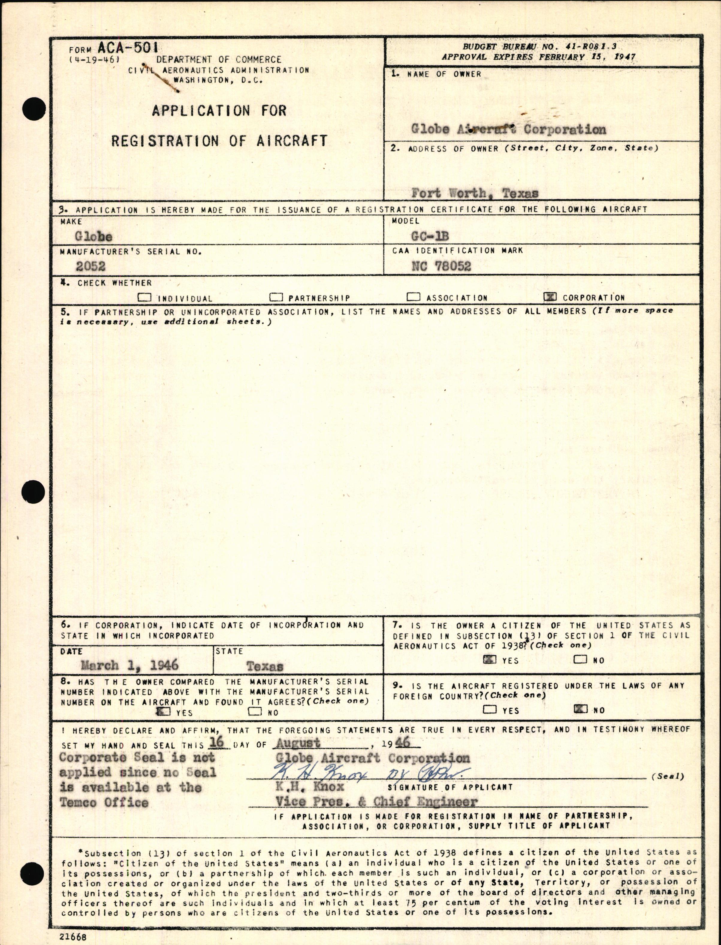 Sample page 1 from AirCorps Library document: Technical Information for Serial Number 2052