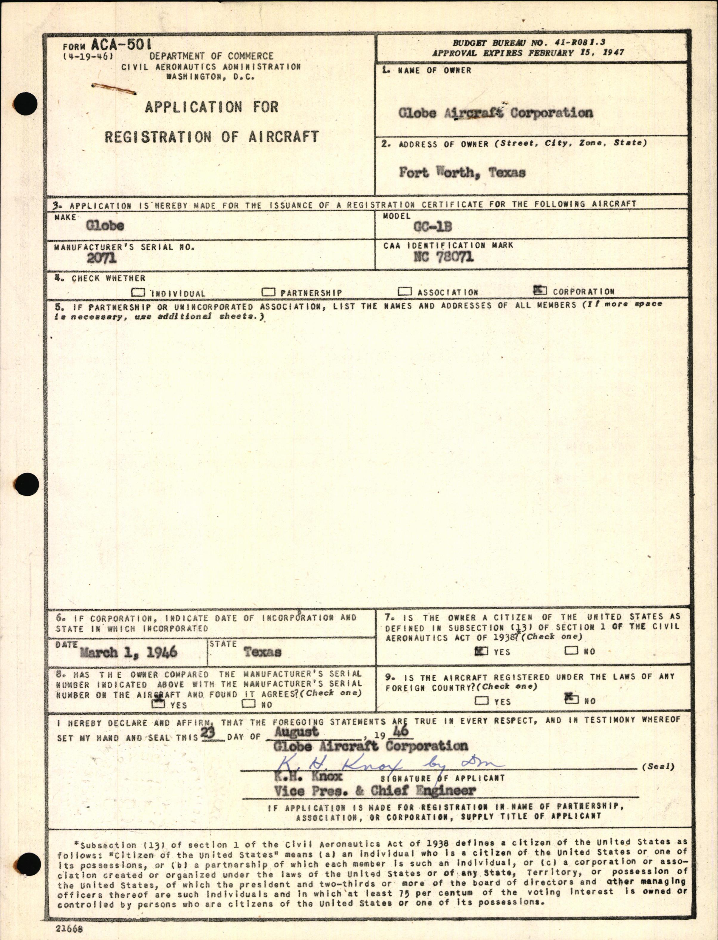 Sample page 1 from AirCorps Library document: Technical Information for Serial Number 2071