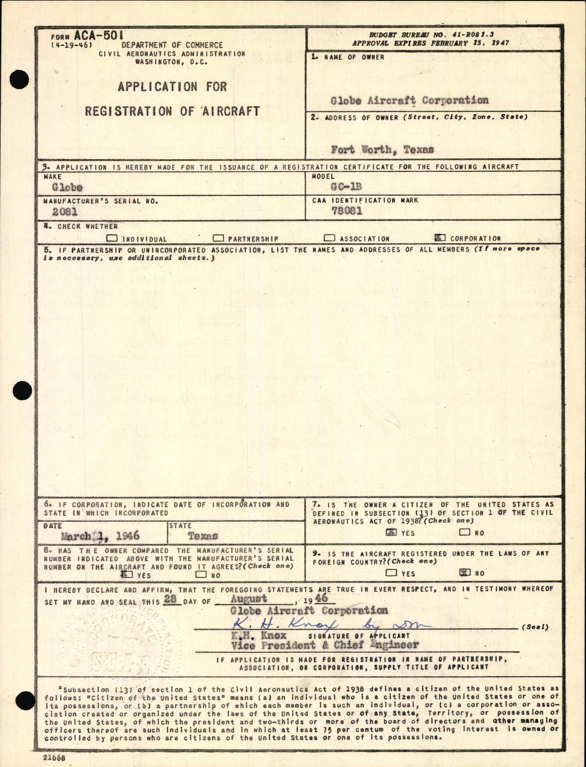 Sample page 1 from AirCorps Library document: Technical Information for Serial Number 2081