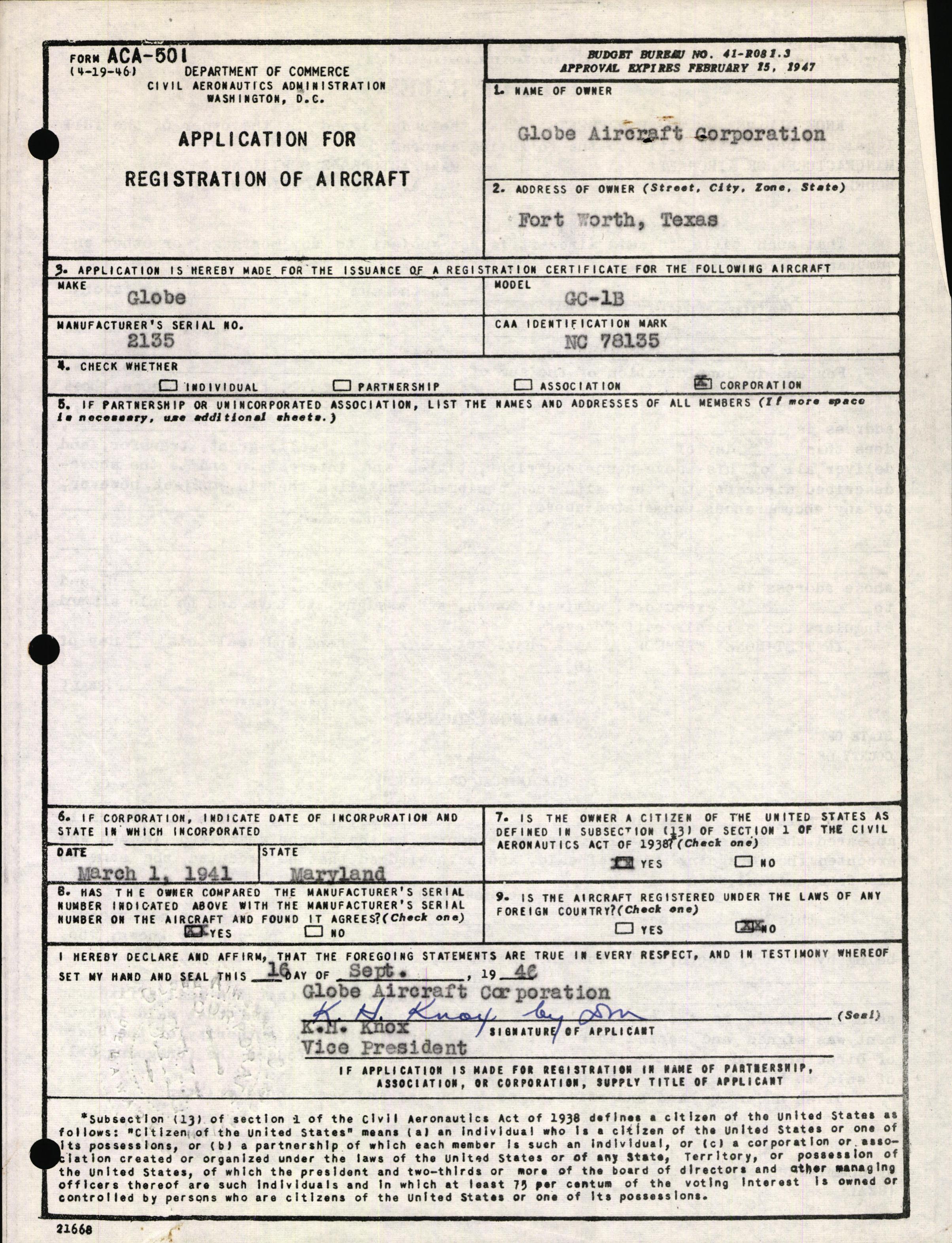 Sample page 1 from AirCorps Library document: Technical Information for Serial Number 2135