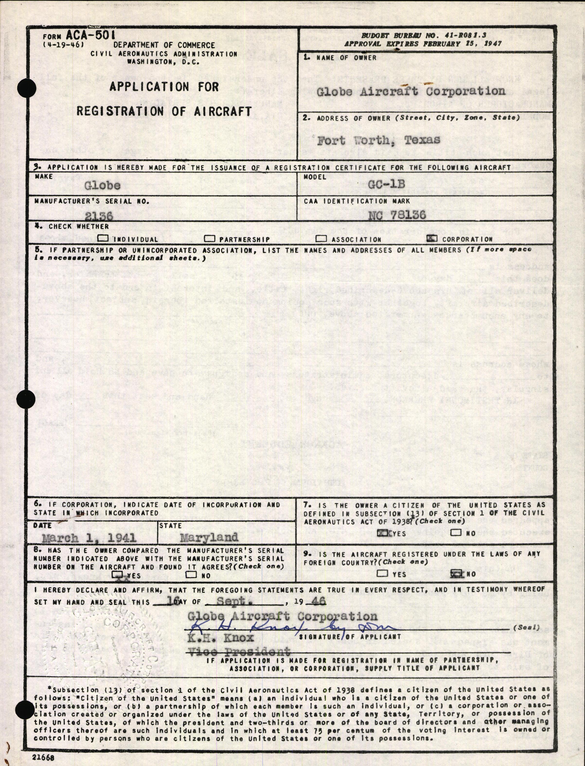 Sample page 1 from AirCorps Library document: Technical Information for Serial Number 2136