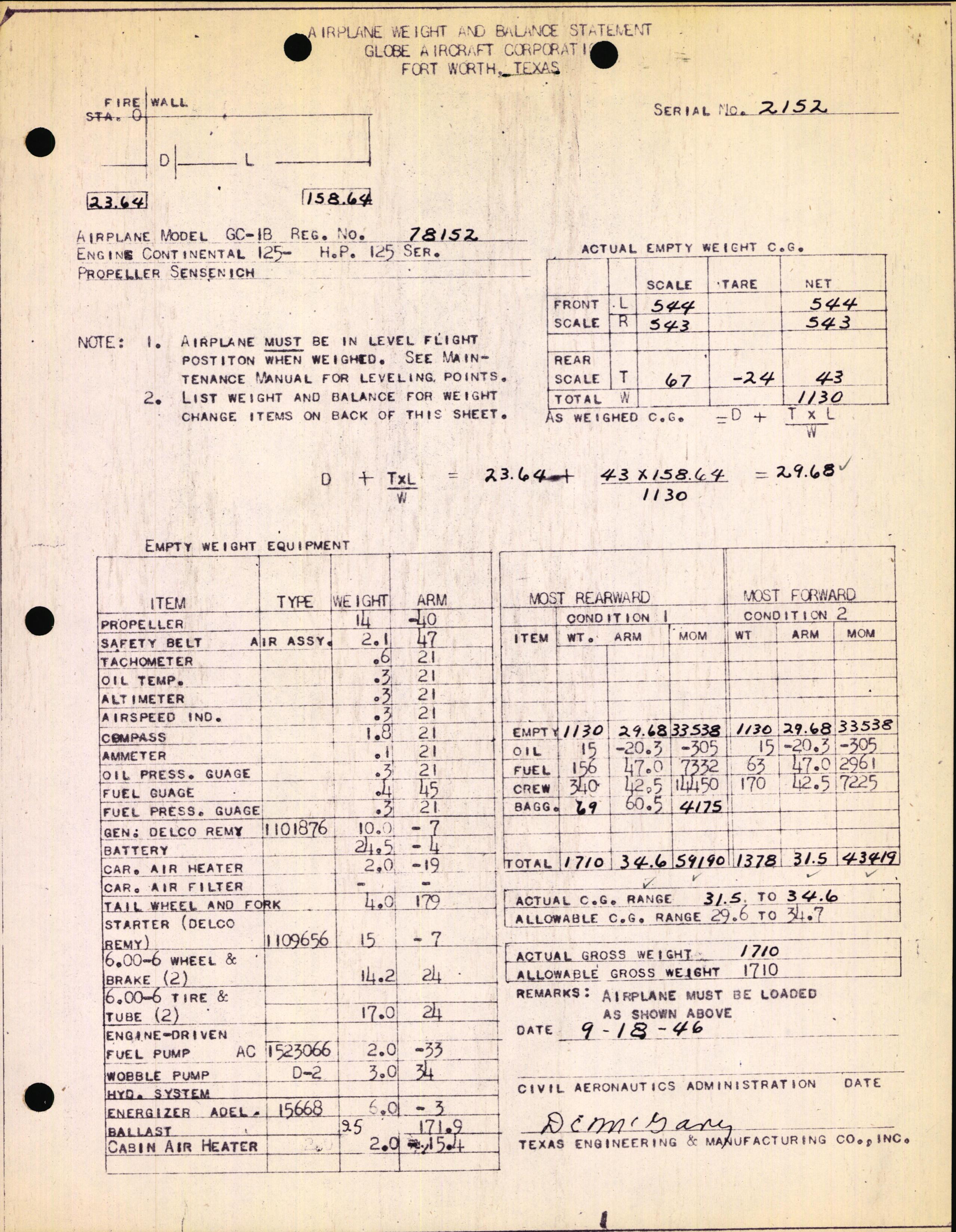 Sample page 1 from AirCorps Library document: Technical Information for Serial Number 2152
