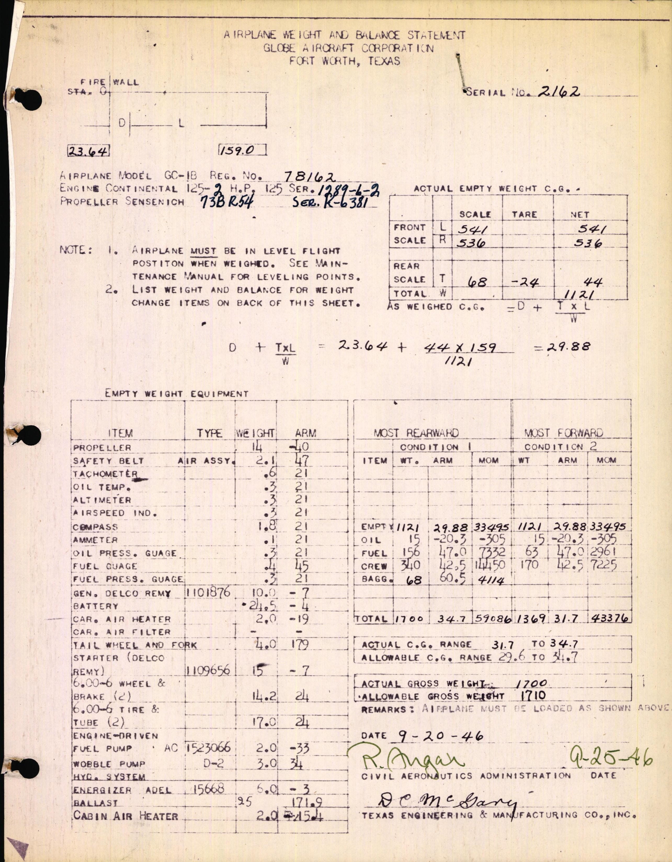 Sample page 1 from AirCorps Library document: Technical Information for Serial Number 2162