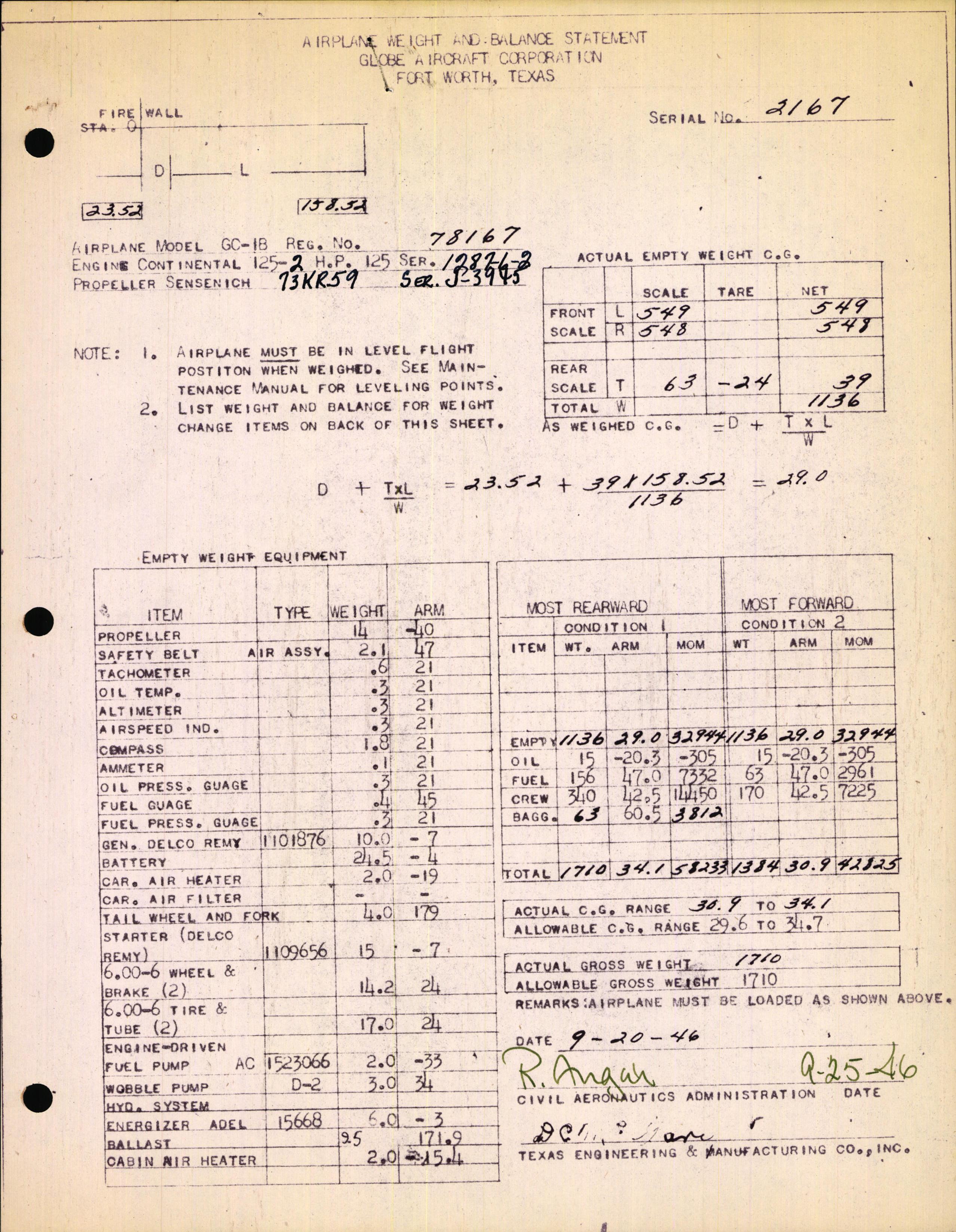 Sample page 1 from AirCorps Library document: Technical Information for Serial Number 2167