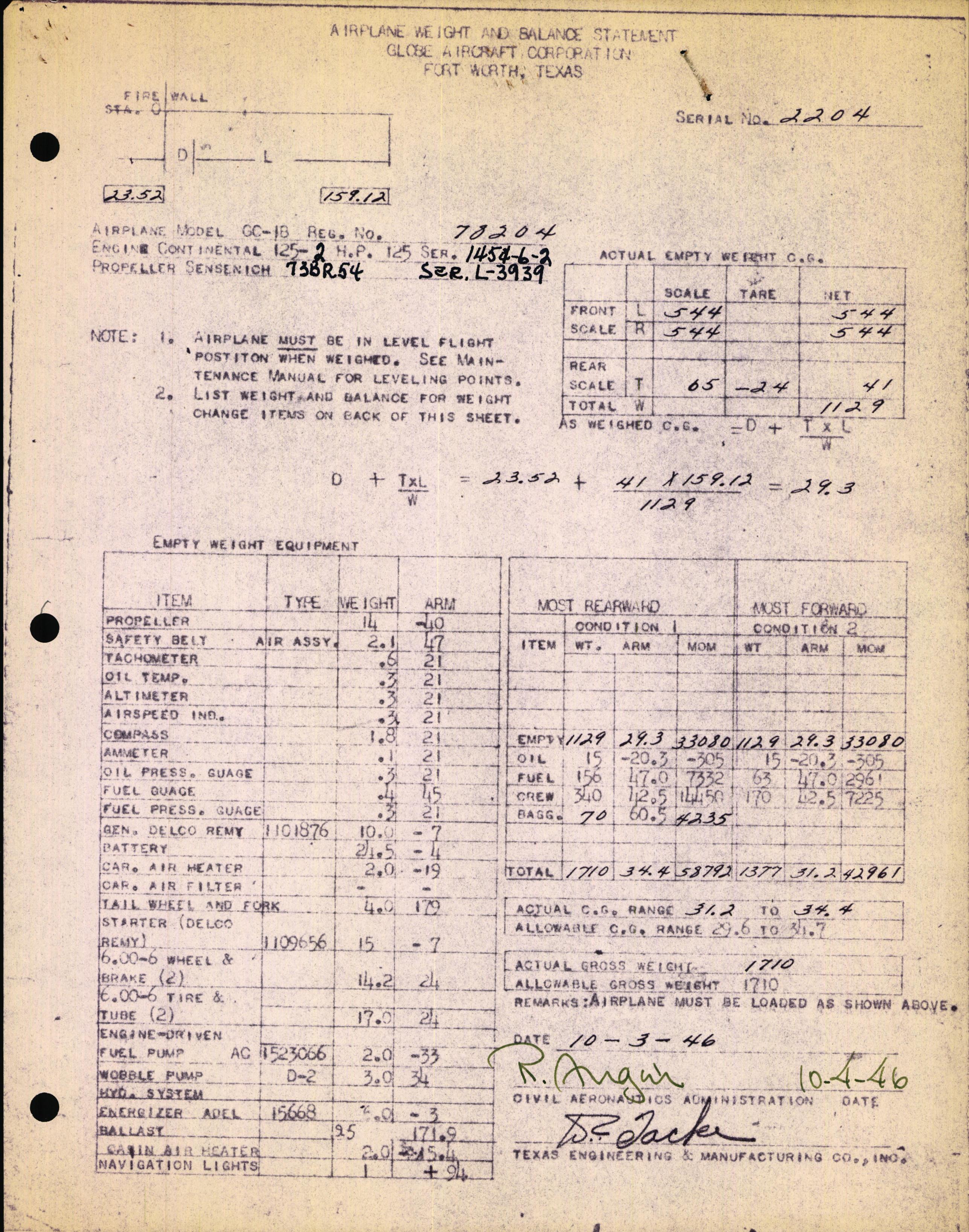 Sample page 1 from AirCorps Library document: Technical Information for Serial Number 2204