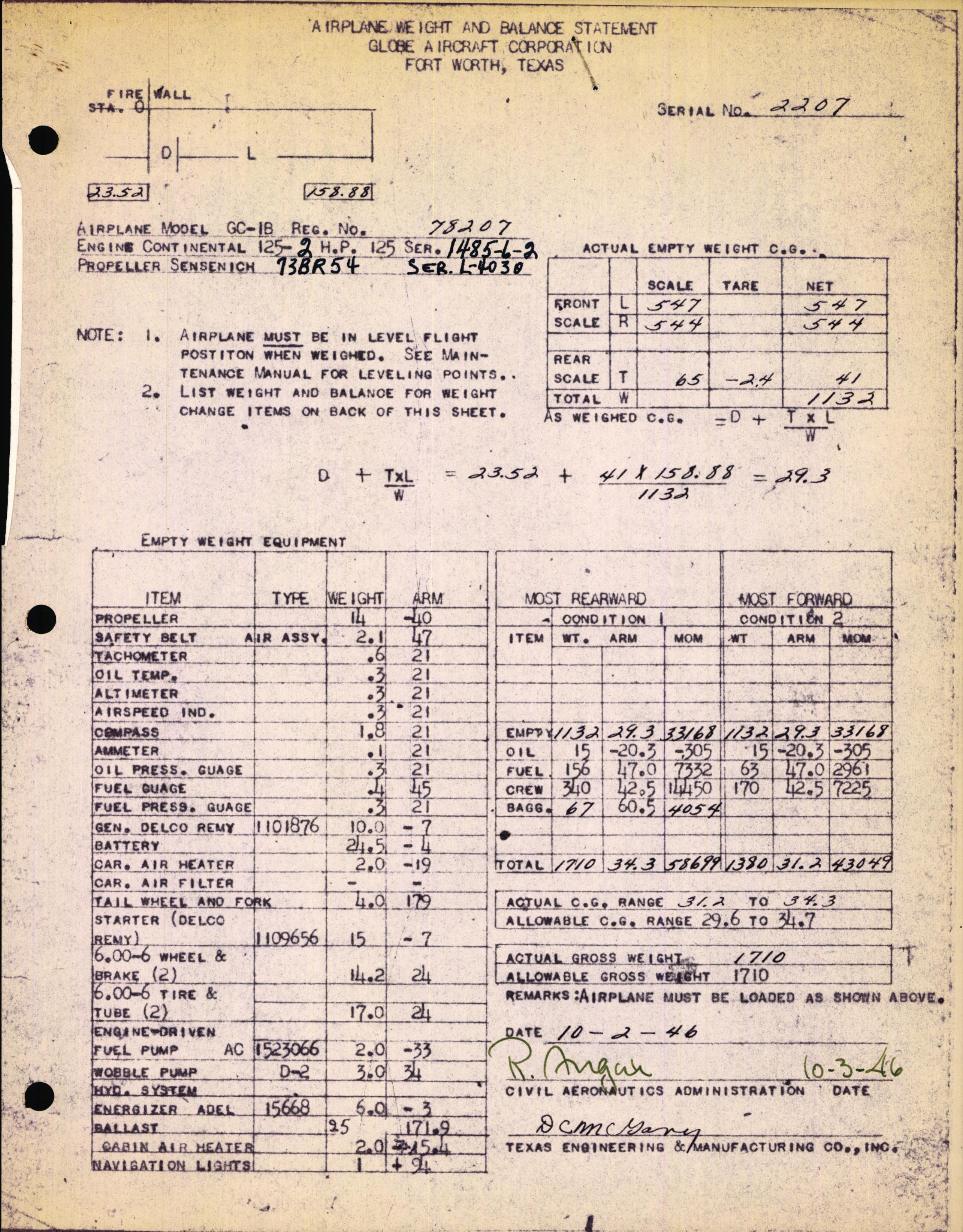 Sample page 1 from AirCorps Library document: Technical Information for Serial Number 2207