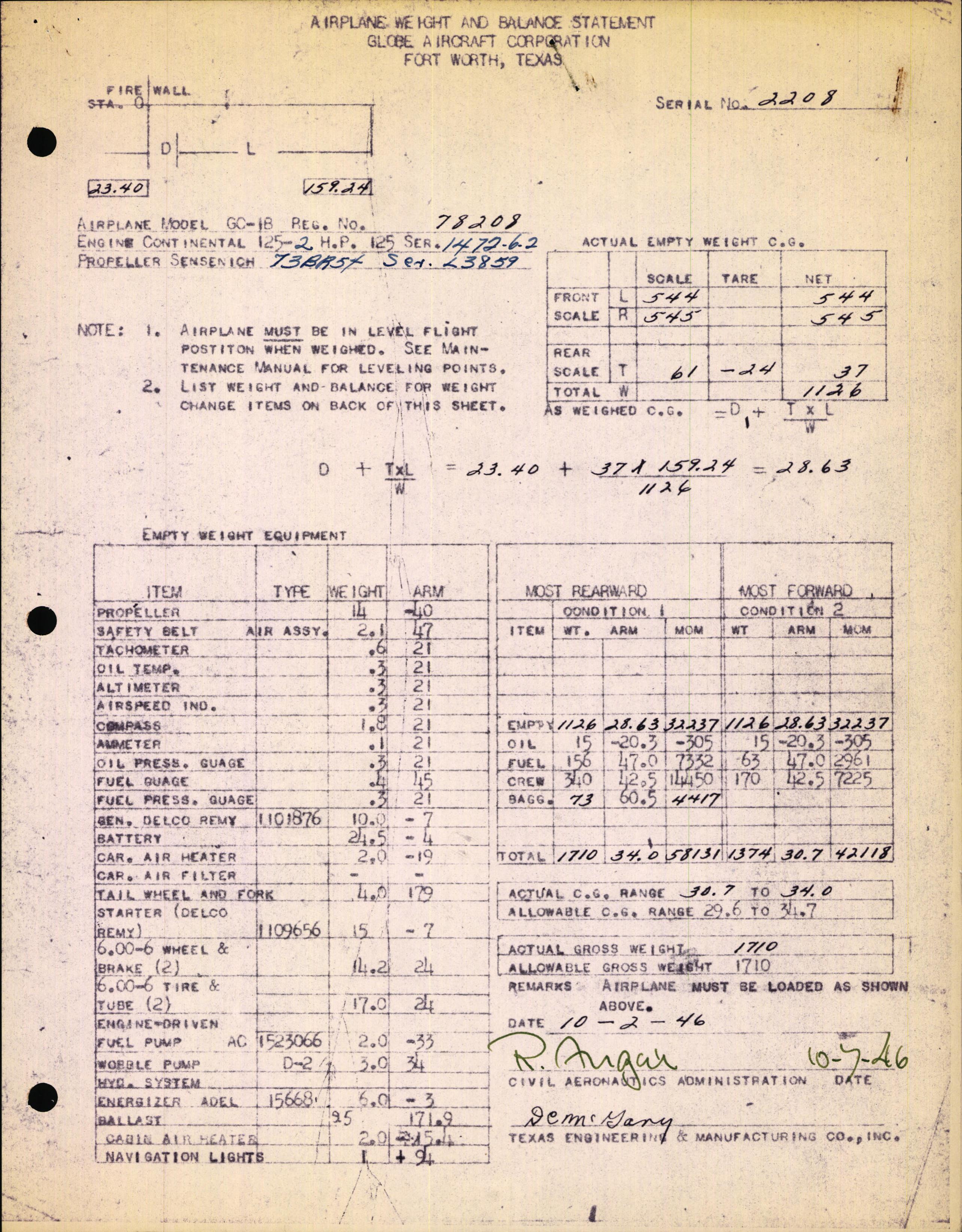 Sample page 1 from AirCorps Library document: Technical Information for Serial Number 2208