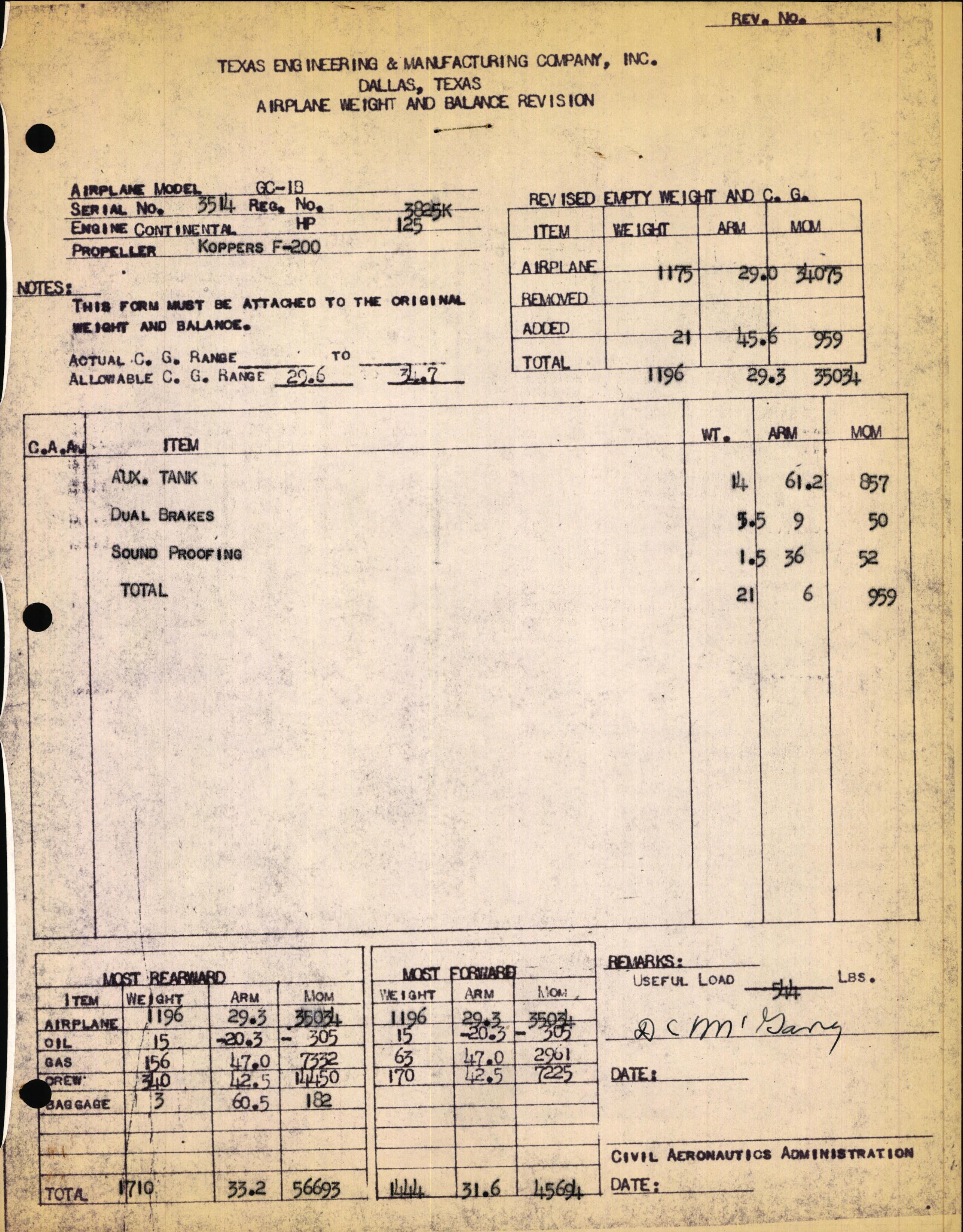 Sample page 1 from AirCorps Library document: Technical Information for Serial Number 3514