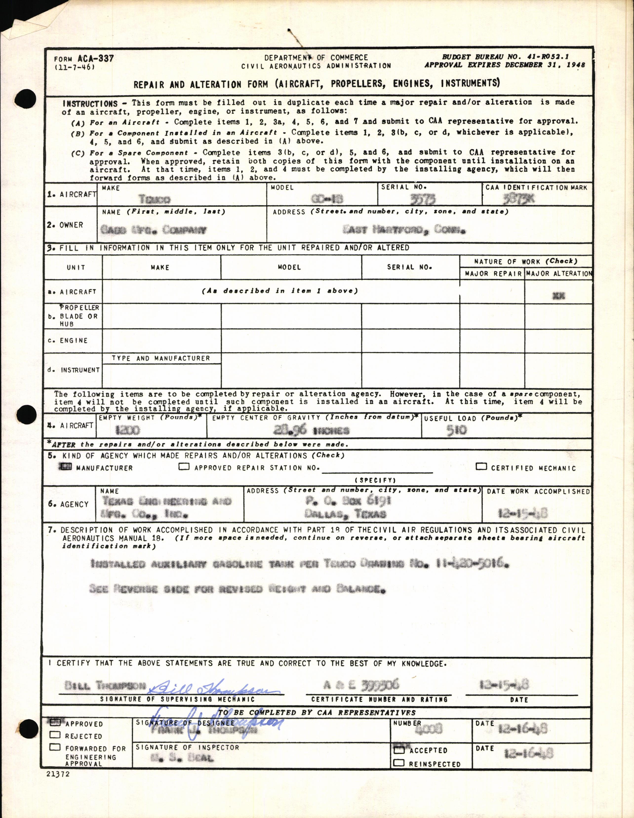 Sample page 1 from AirCorps Library document: Technical Information for Serial Number 3573