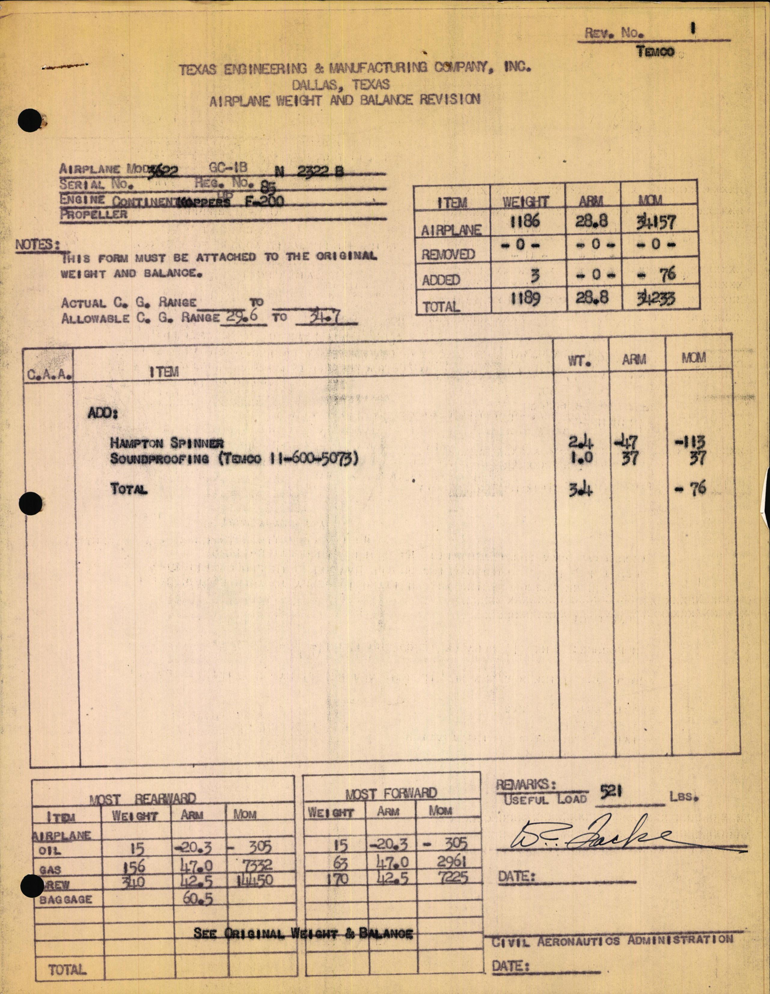 Sample page 1 from AirCorps Library document: Technical Information for Serial Number 3622