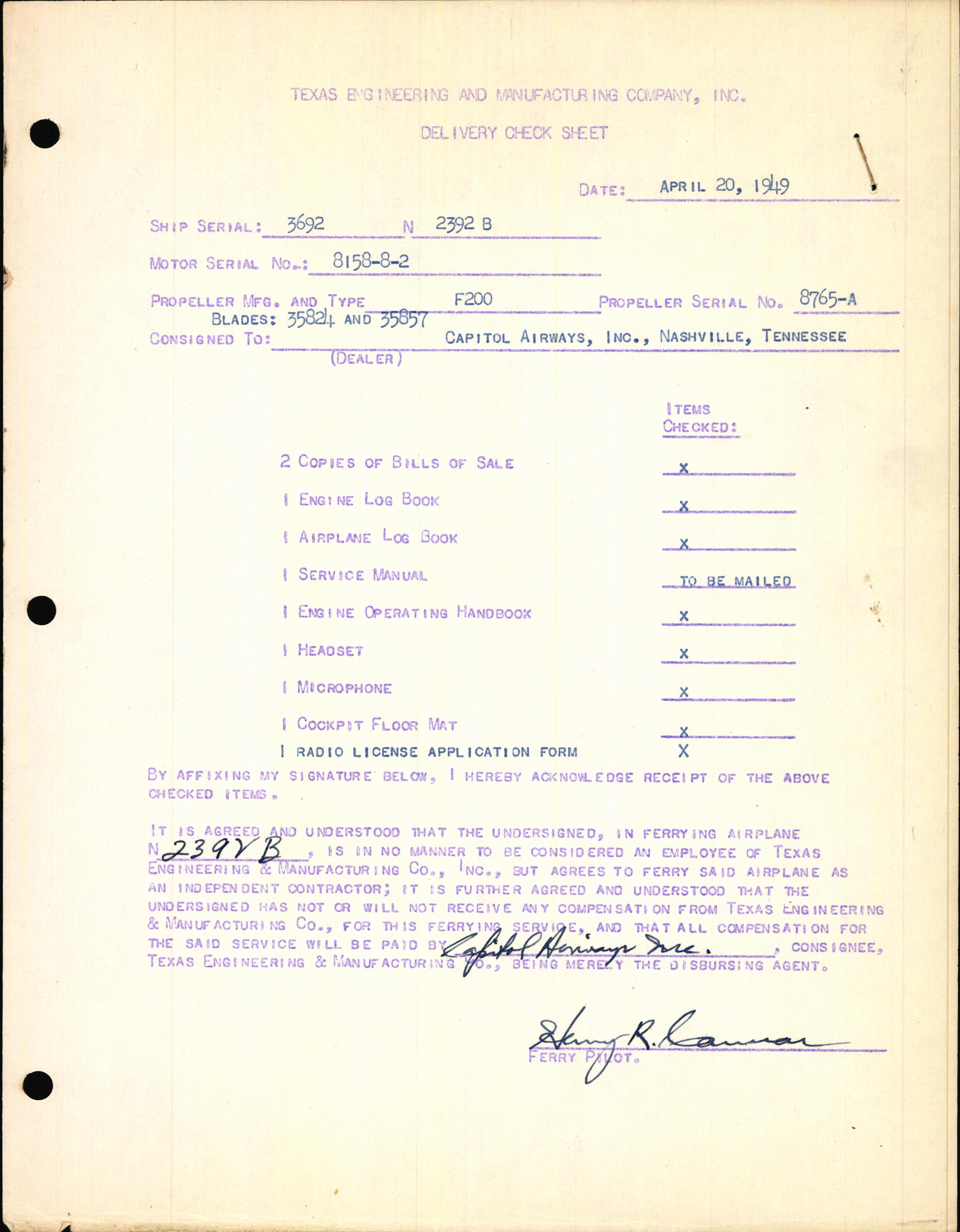Sample page 1 from AirCorps Library document: Technical Information for Serial Number 3692