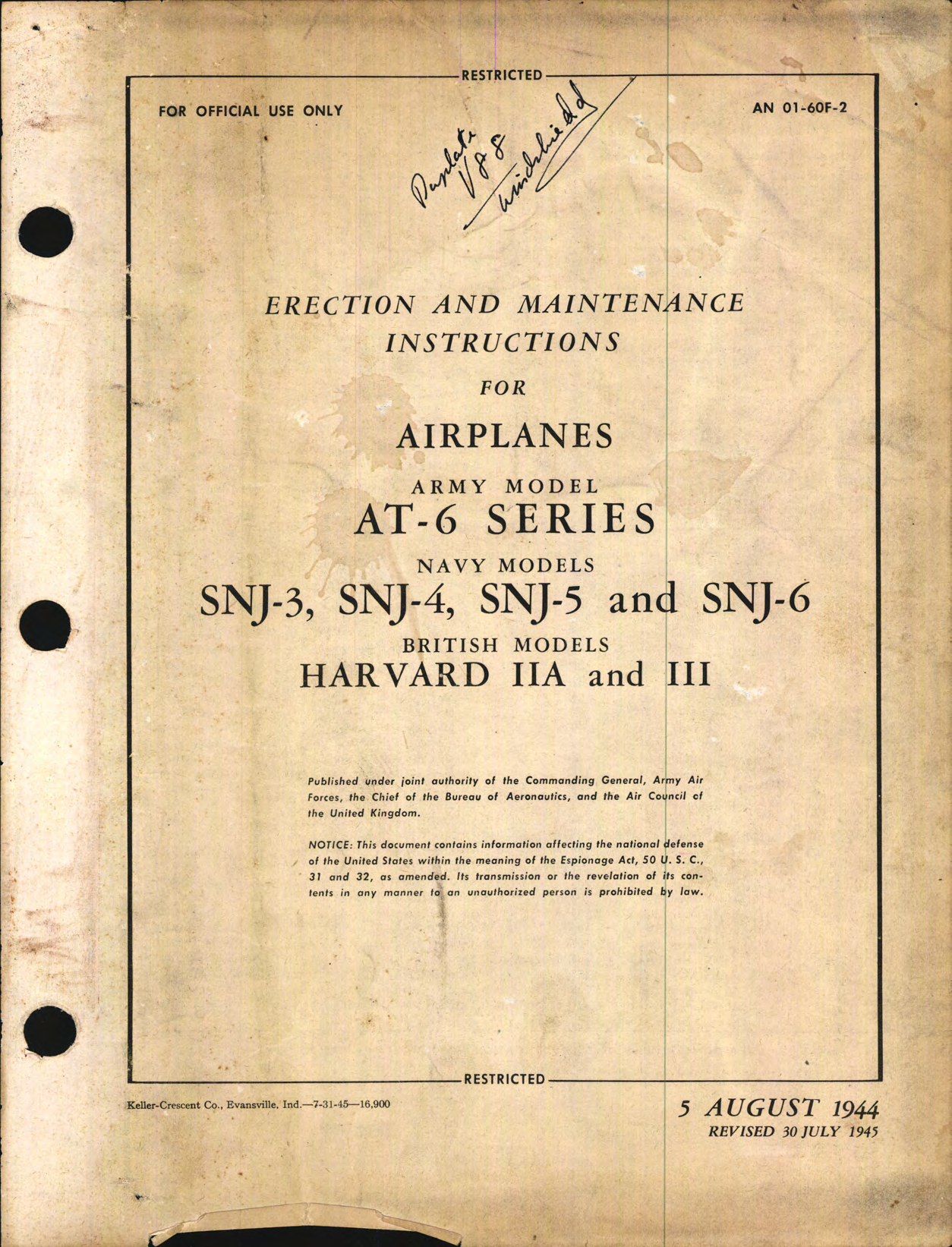 Sample page 1 from AirCorps Library document: Erection & Maintenance Instructions for AT-6, SNJ-3, SNJ-, SNJ-5, and SNJ-6 (Harvard IIA and III)