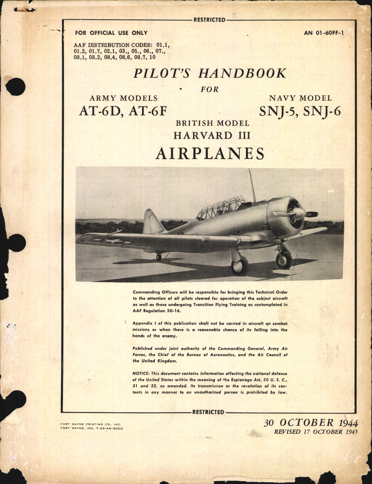 Sample page 1 from AirCorps Library document: Pilot's Handbook for AT-6D, AT-6F, SNJ-5, SNJ-6, and Harvard III