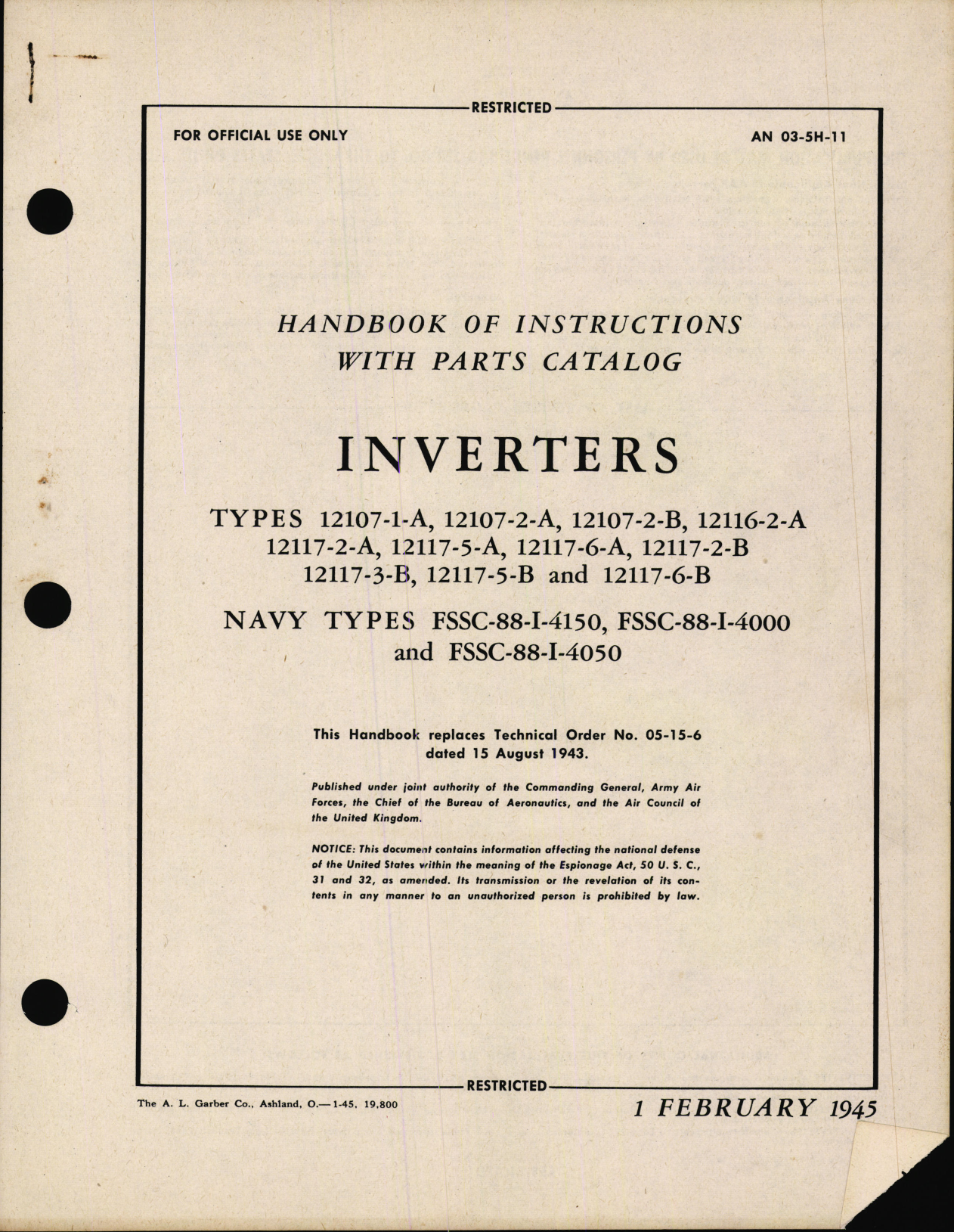 Sample page 1 from AirCorps Library document: Handbook of Instructions with Parts Catalog for Inverters
