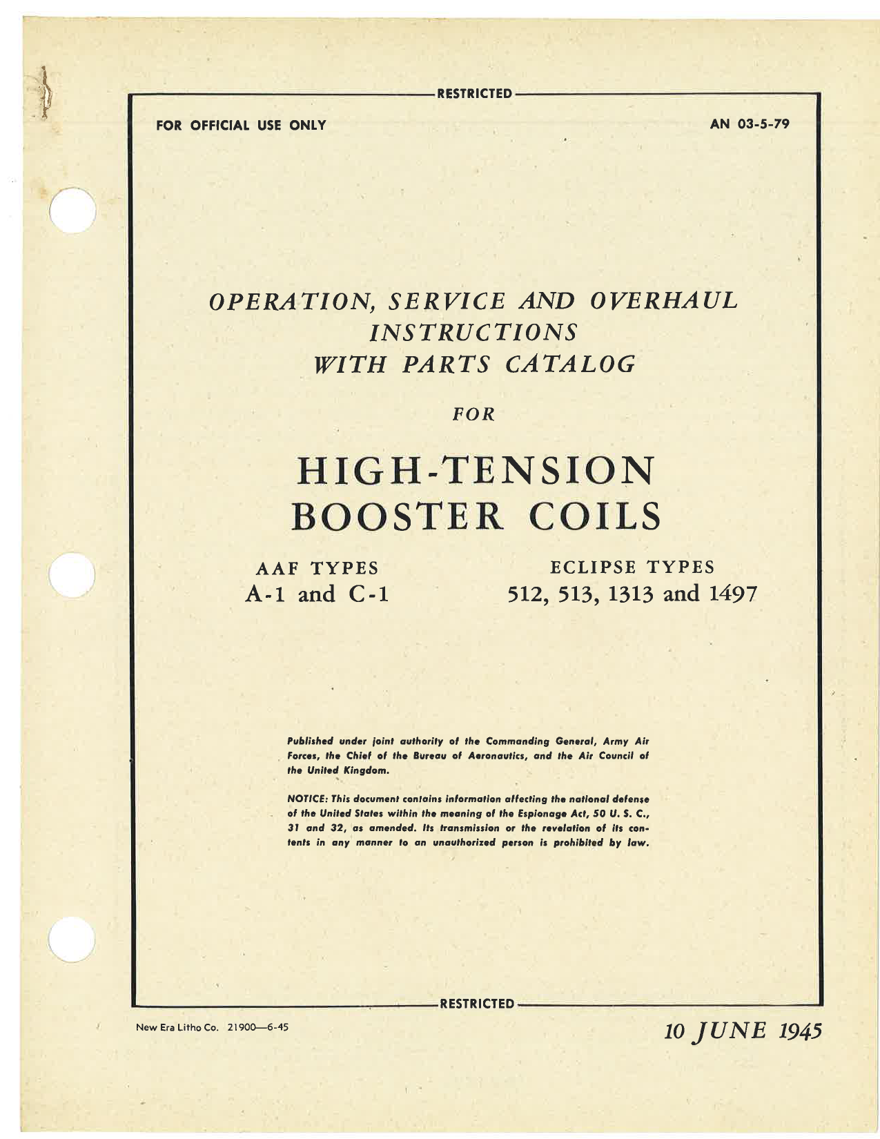 Sample page 1 from AirCorps Library document: Operation, Service & Overhaul Instructions with Parts Catalog for High Tension Booster Coils