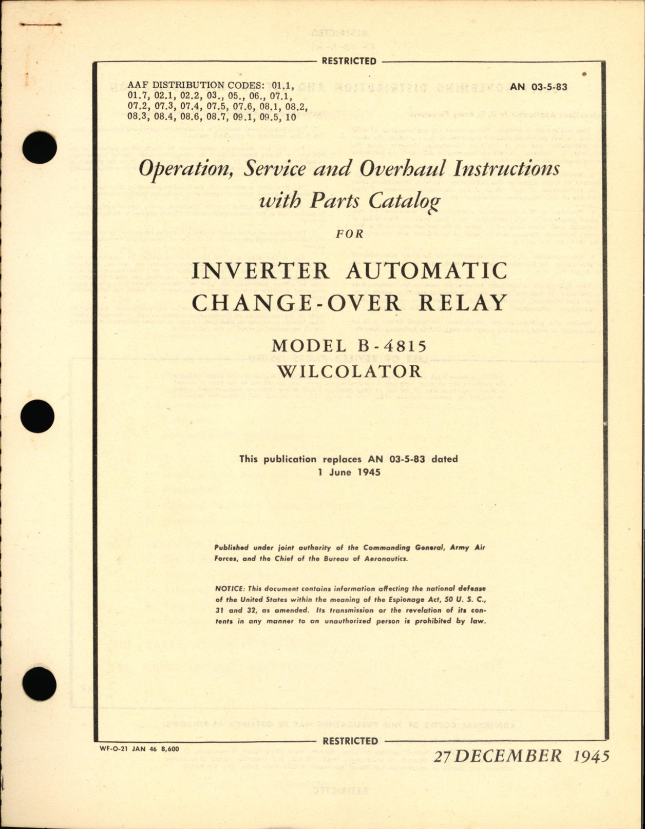 Sample page 1 from AirCorps Library document: Operation, Service & Overhaul Instructions with Parts Catalog for Inverter Automatic Change-Over Relay