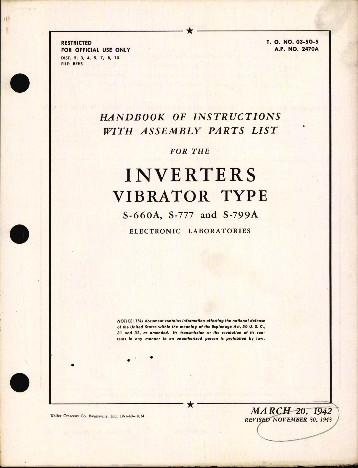 Sample page 1 from AirCorps Library document: Handbook of Instructions with Assembly Parts List for Inverters Vibrator Type S-660A, S-777, and S-799A