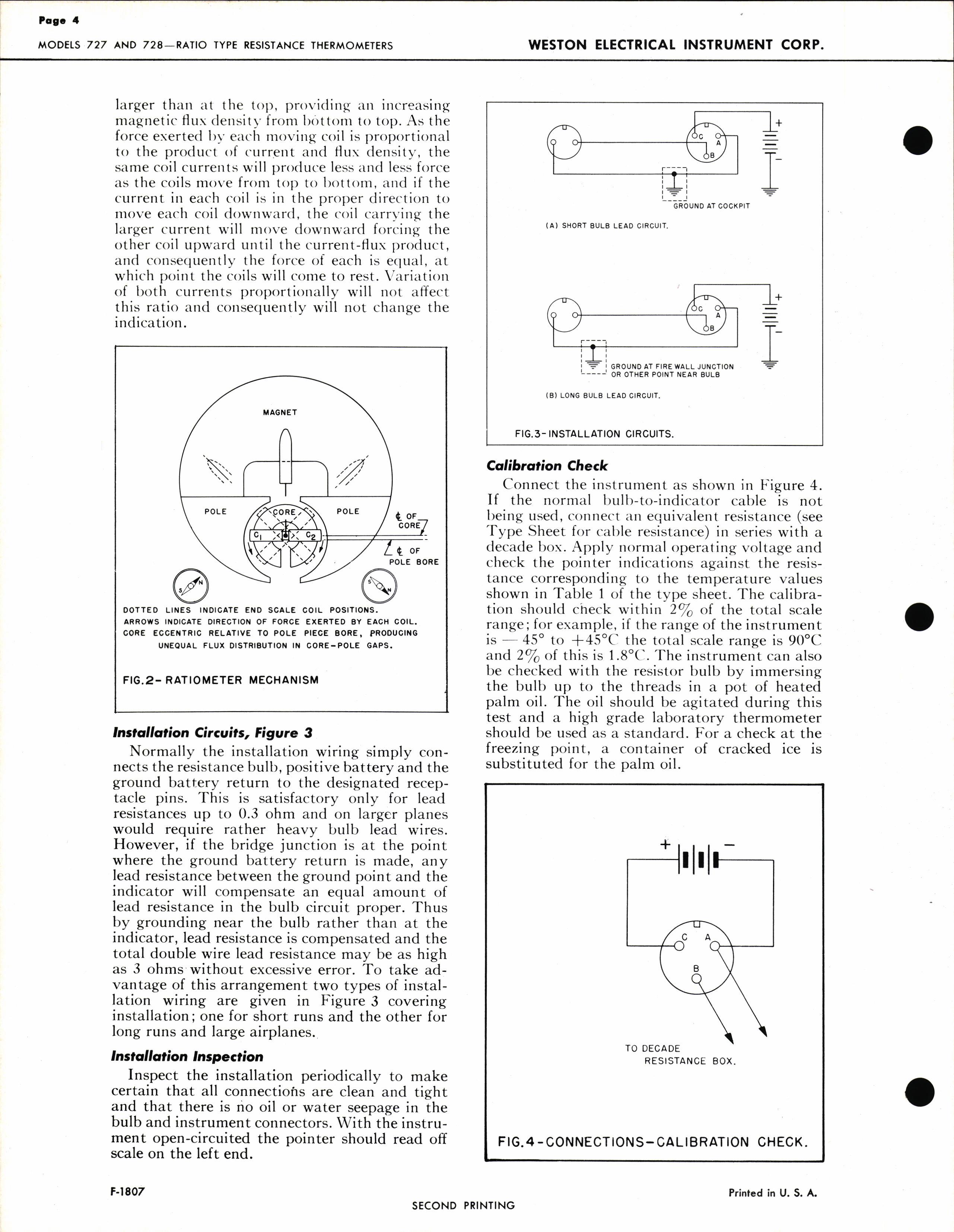 Sample page 4 from AirCorps Library document: Service Instructions for Models 727 & 728 Ratio Type Resistance Thermometers