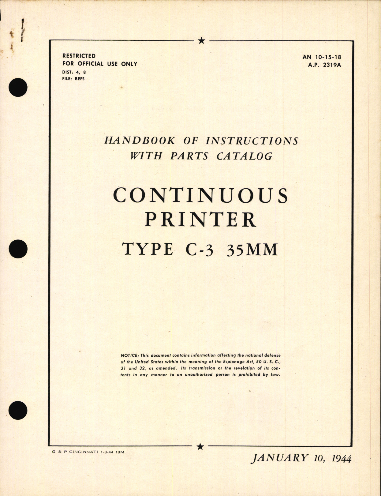 Sample page 1 from AirCorps Library document: Handbook of Instructions with Parts Catalog for Type C-3 35MM Continuous Printer