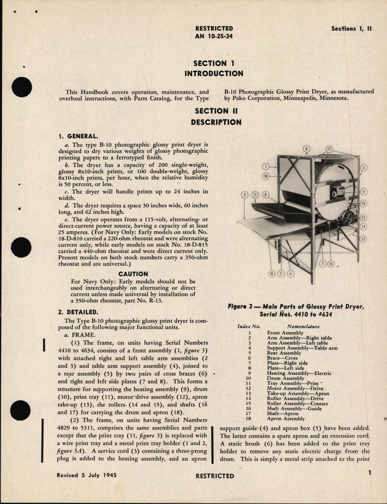Sample page 7 from AirCorps Library document: Operation, Service, & Overhaul Instructions with Parts Catalog for Type B-10 Photographic Glossy Print Dryer