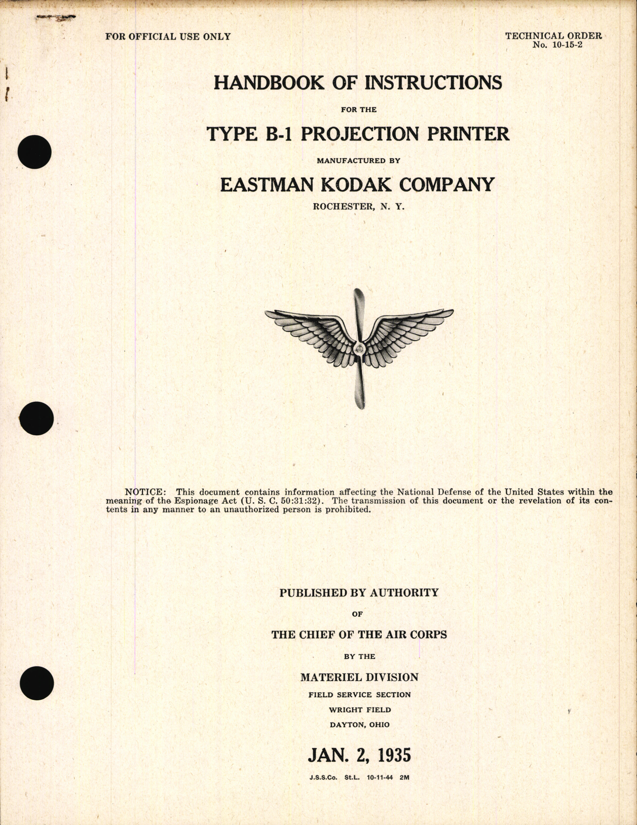 Sample page 1 from AirCorps Library document: Handbook of Instructions for Type B-1 Projection Printer
