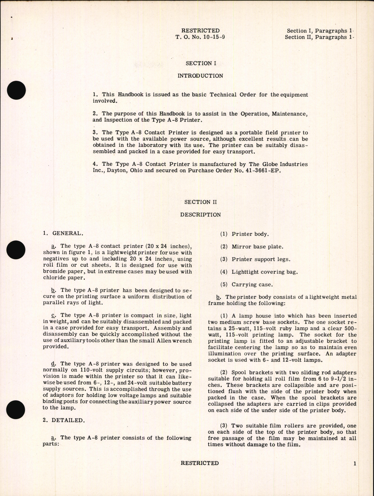 Sample page 5 from AirCorps Library document: Handbook of Instructions with Parts Catalog for Type A-8 Contact Printer for Type A Portable Laboratories