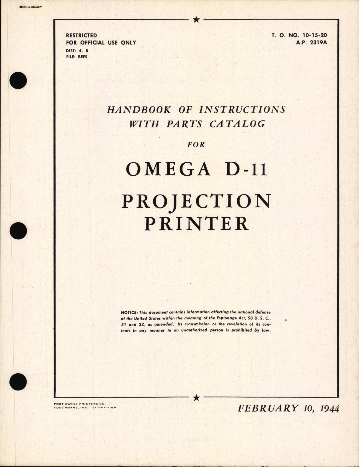 Sample page 1 from AirCorps Library document: Handbook of Instructions with Parts Catalog for Omega D-11 Projection Printer