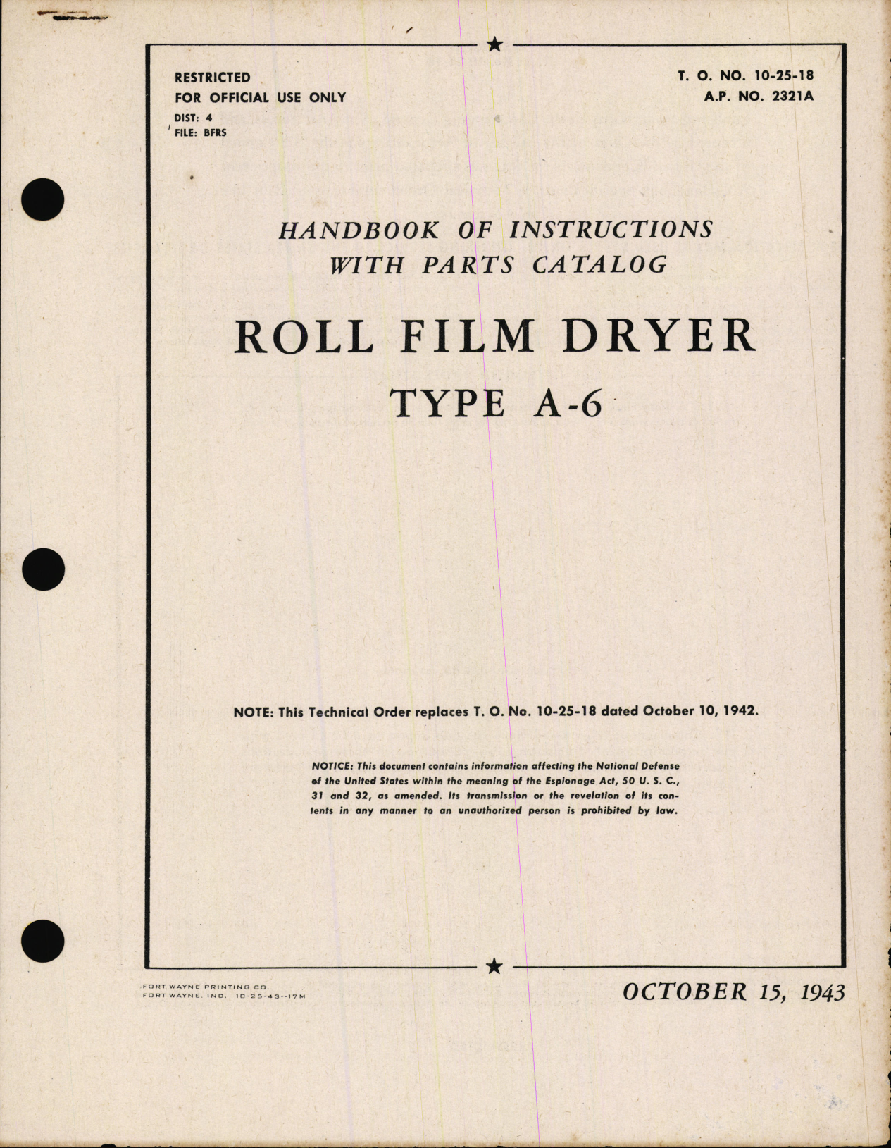 Sample page 1 from AirCorps Library document: Handbook of Instructions with Parts Catalog for Type A-6 Roll Film Dryer