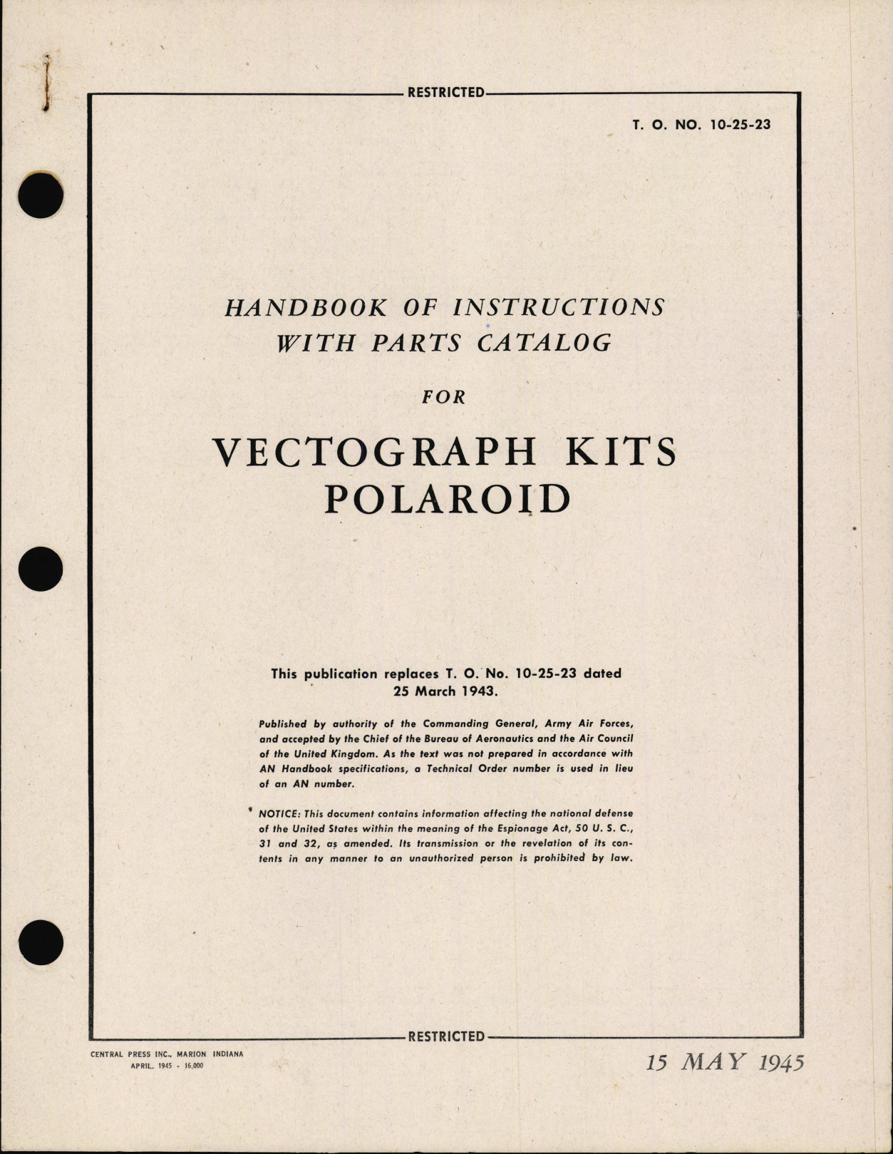 Sample page 1 from AirCorps Library document: Handbook of Instructions with Parts Catalog for Vectograph Kits Polaroid