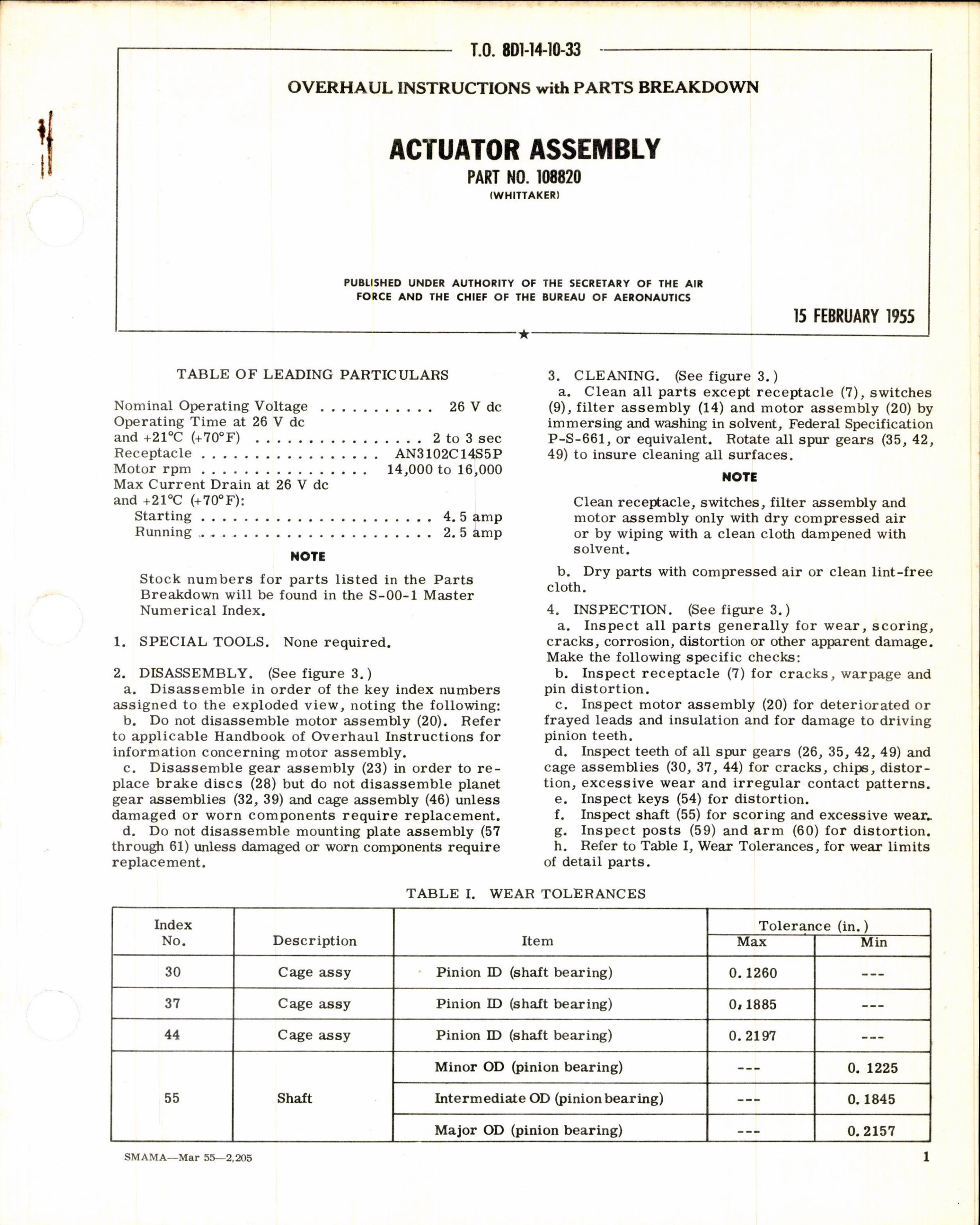 Sample page 1 from AirCorps Library document: Instructions w Parts Breakdown for Actuator Assembly Part 108820