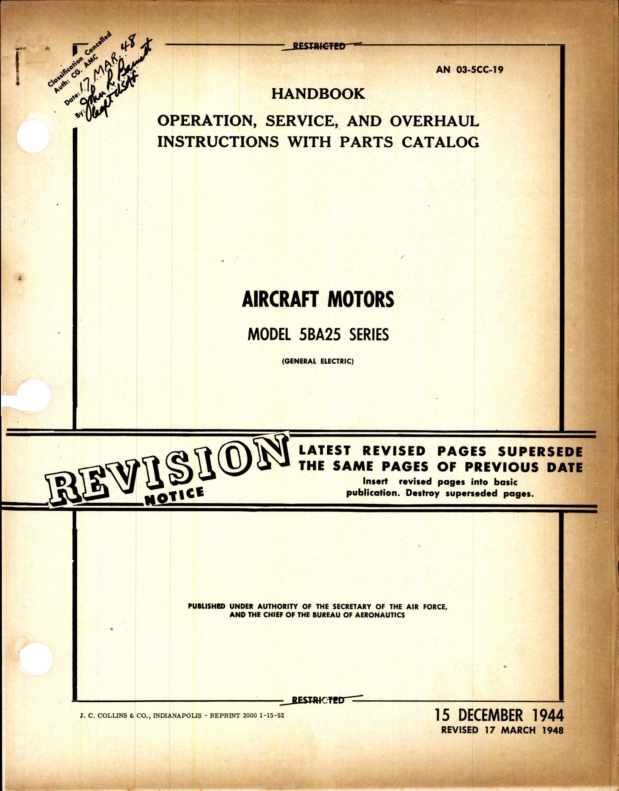 Sample page 1 from AirCorps Library document: Operation, Service, & Overhaul Instructions w/ Parts Catalog for Aircraft Motors Model 5BA25 Series