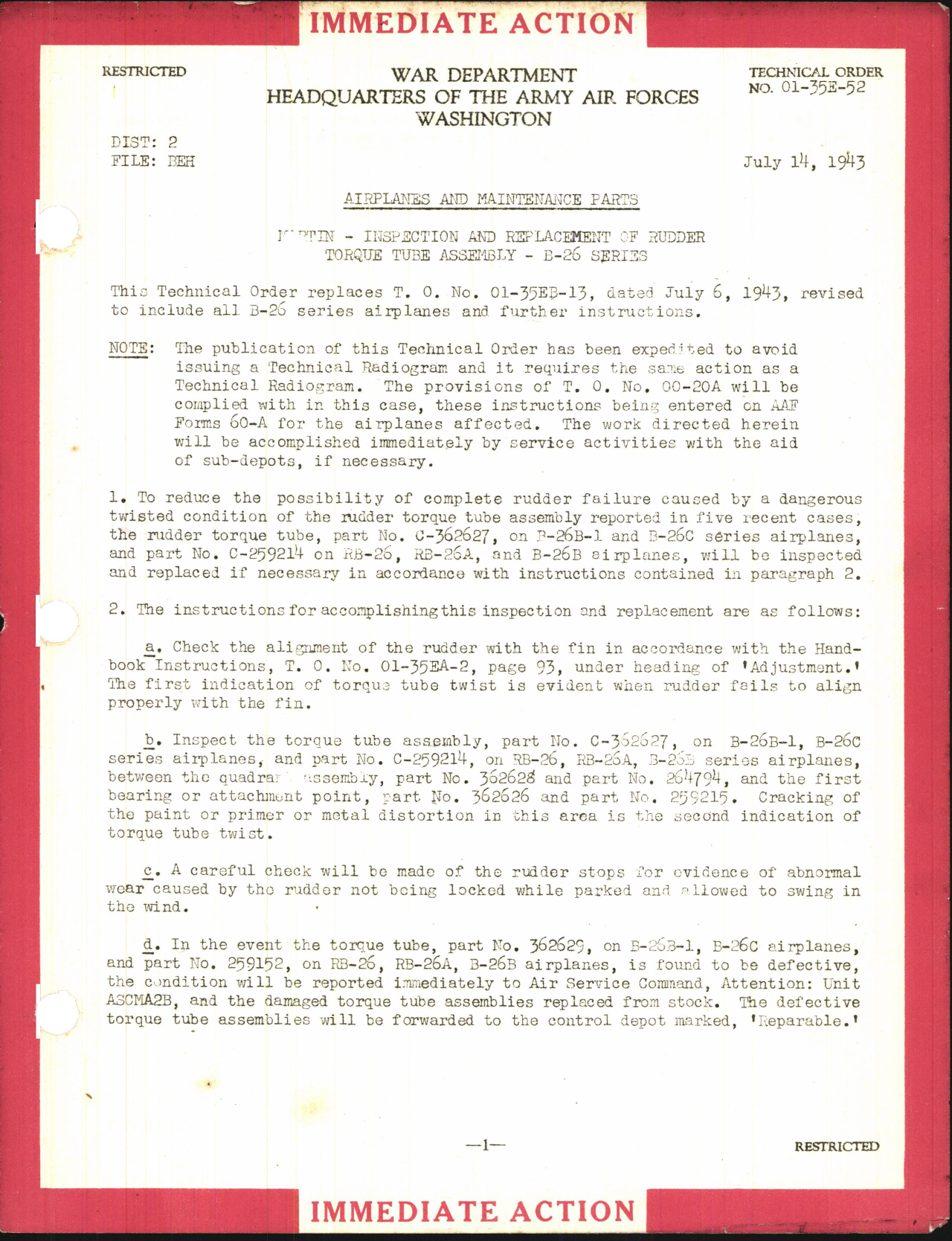 Sample page 1 from AirCorps Library document: Inspection and Replacement of Rudder Torque Tube Assembly for B-26 Series