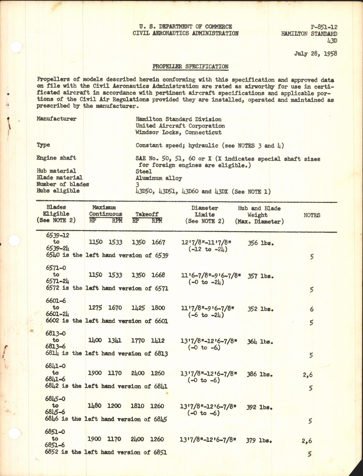 Sample page 1 from AirCorps Library document: Propeller Specification for 43D Propellers