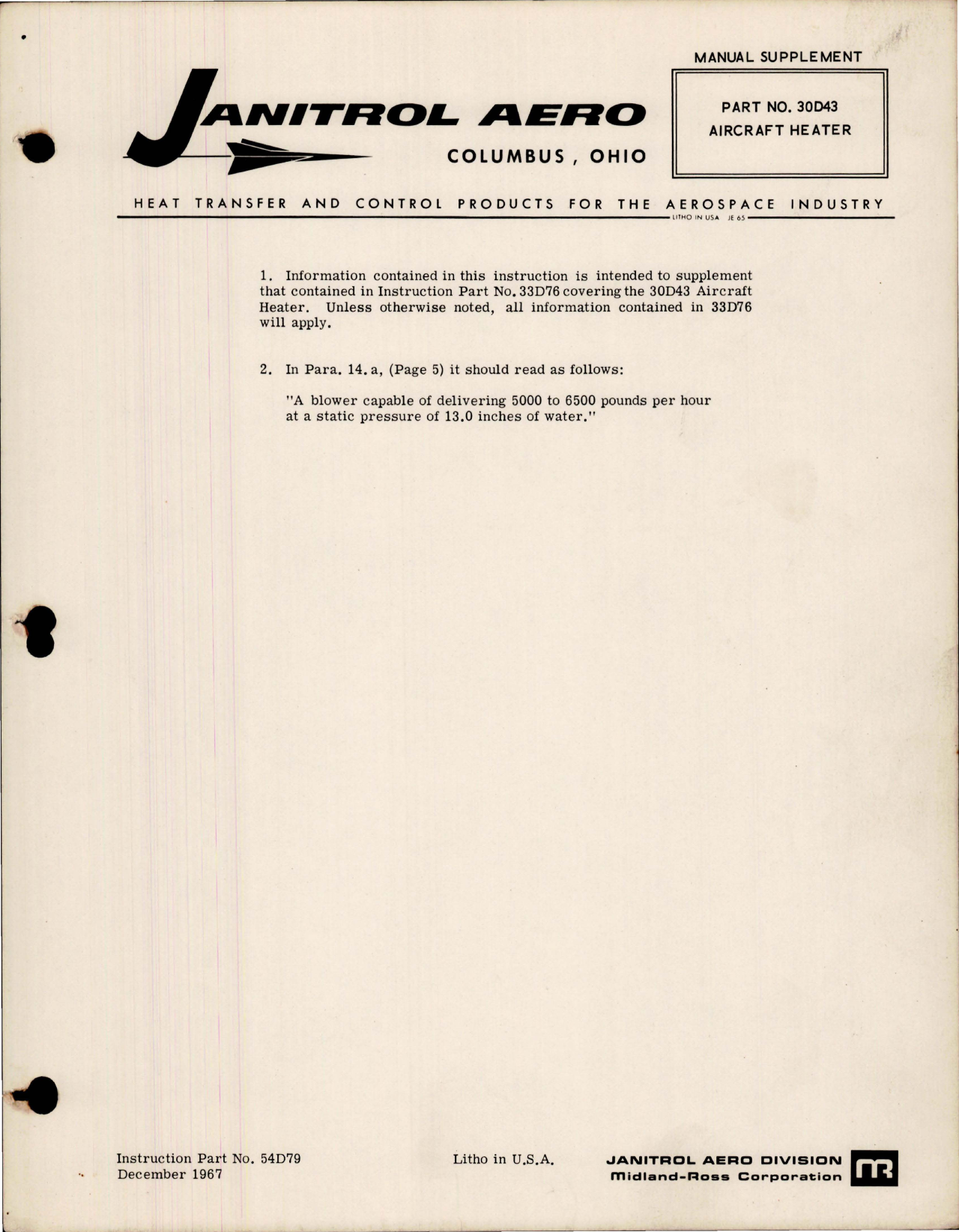 Sample page 1 from AirCorps Library document: Manual Supplement for Aircraft Heater - Part 30D43 