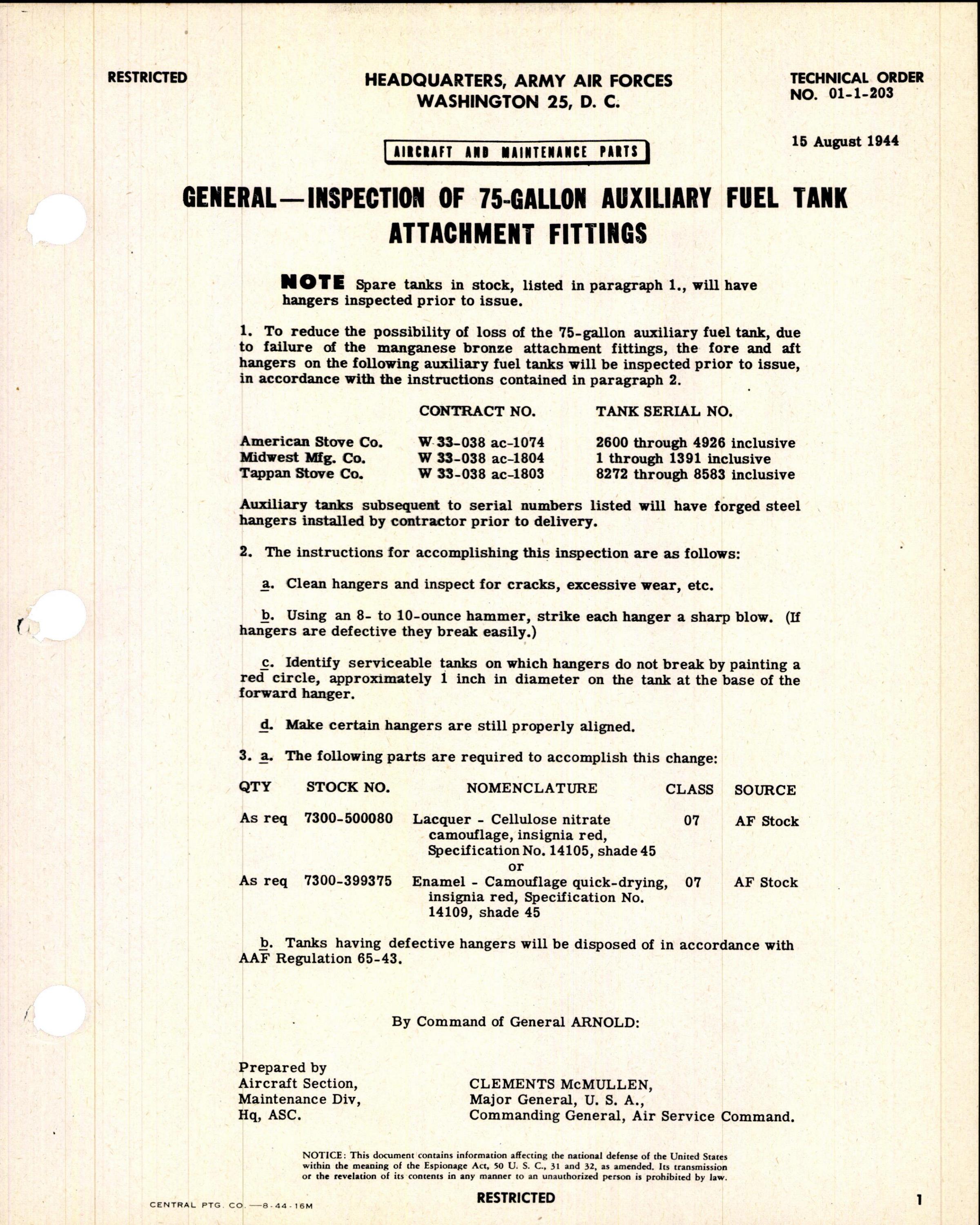 Sample page 1 from AirCorps Library document: Inspection of 75-Gallon Auxiliary Fuel Tank Attachment Fittings