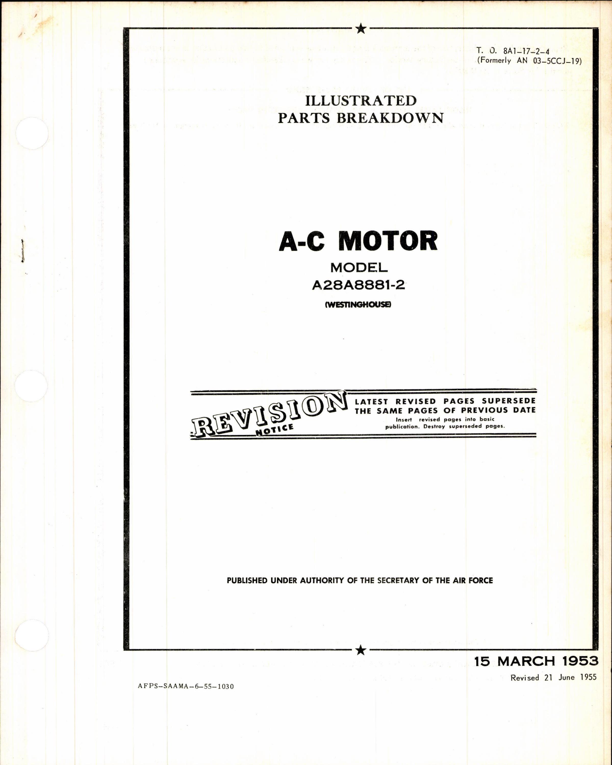 Sample page 1 from AirCorps Library document: Illustrated Parts Breakdown for Westinghouse Model A28A8881-2 A-C Motor