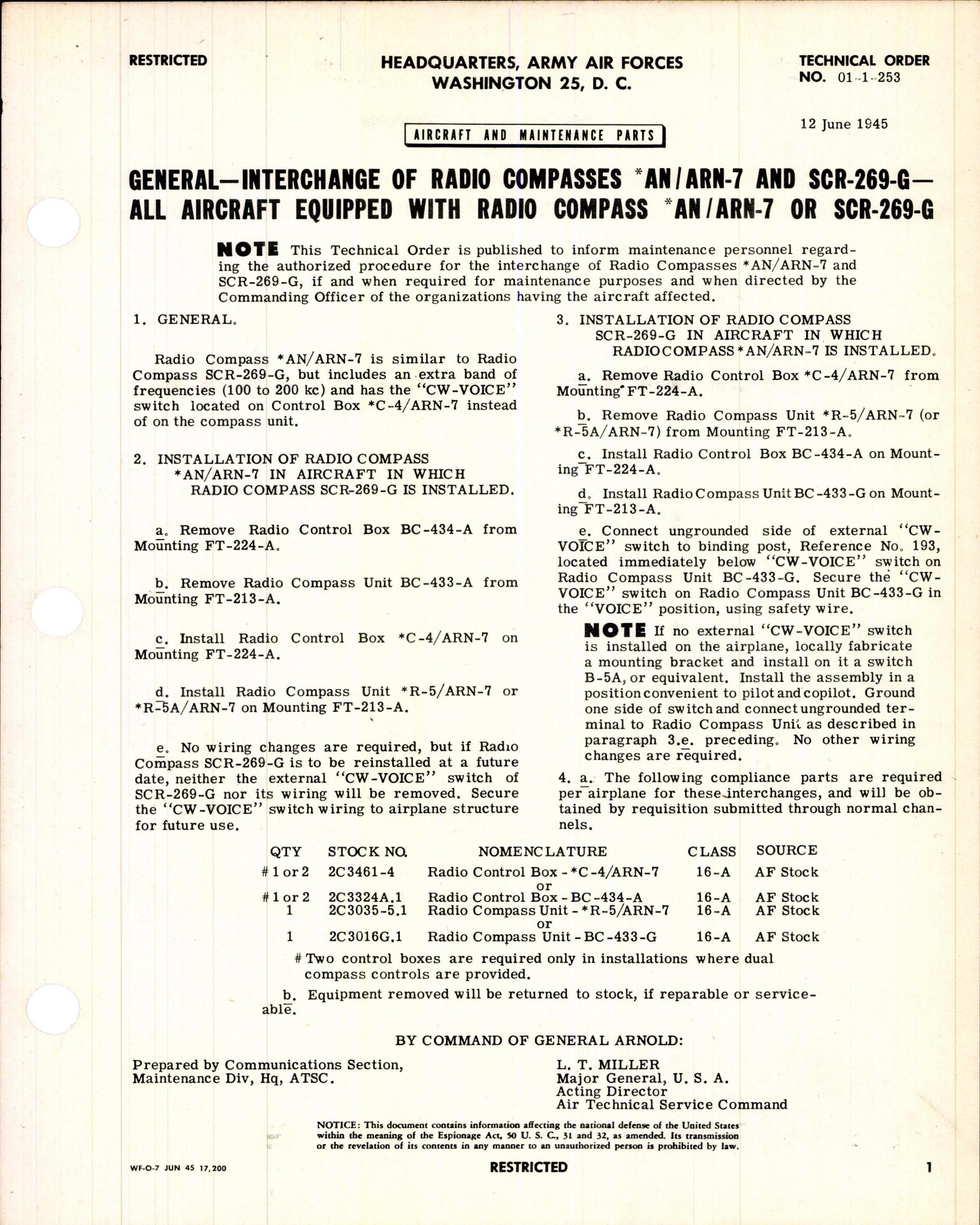 Sample page 1 from AirCorps Library document: Interchange of Radio Compasses AN/ARN-7 and SCR-269-G