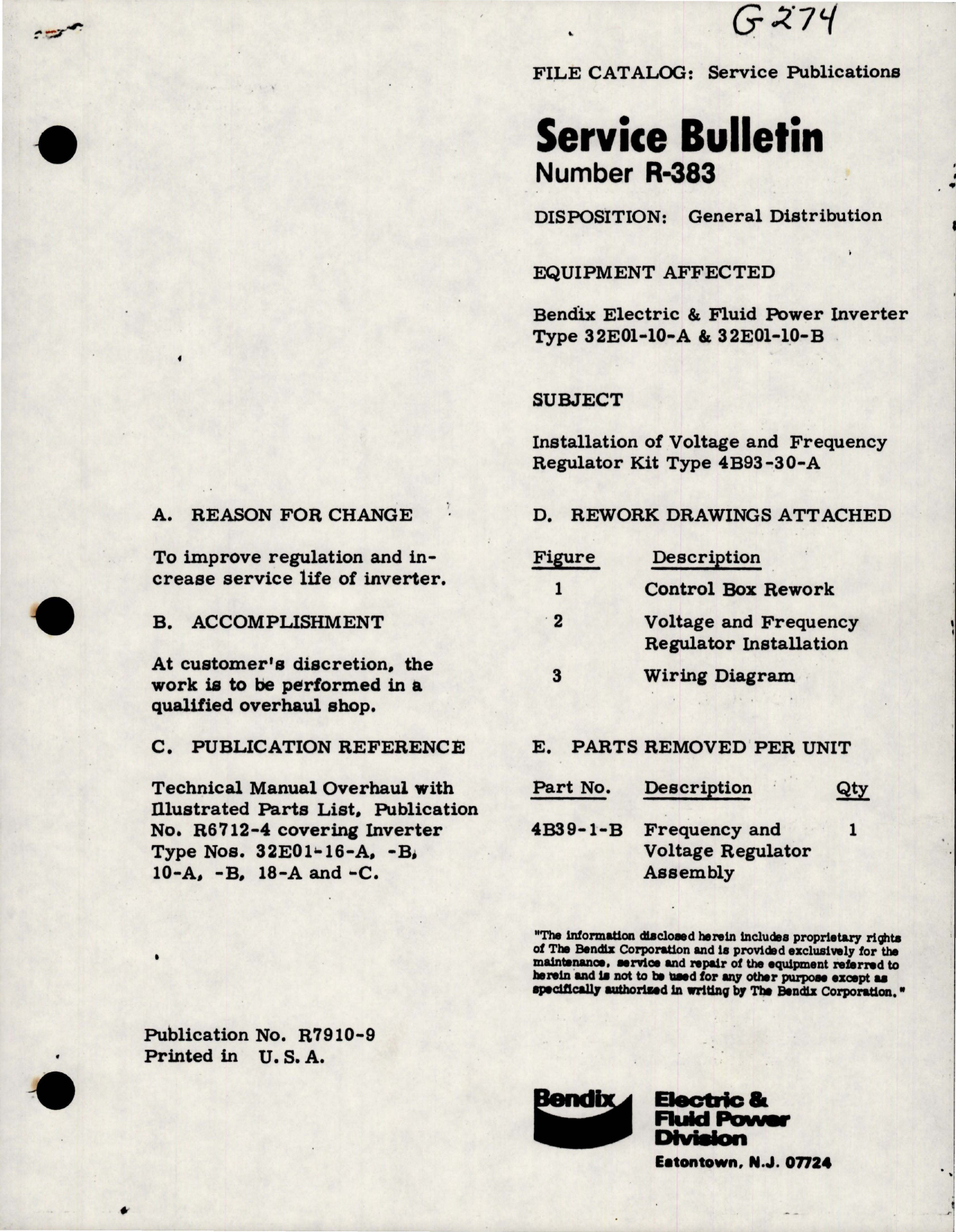 Sample page 1 from AirCorps Library document: Service Bulletin No. R-383, Installation of Voltage and Frequency Regulator Kit - Type 4B93-30-A 