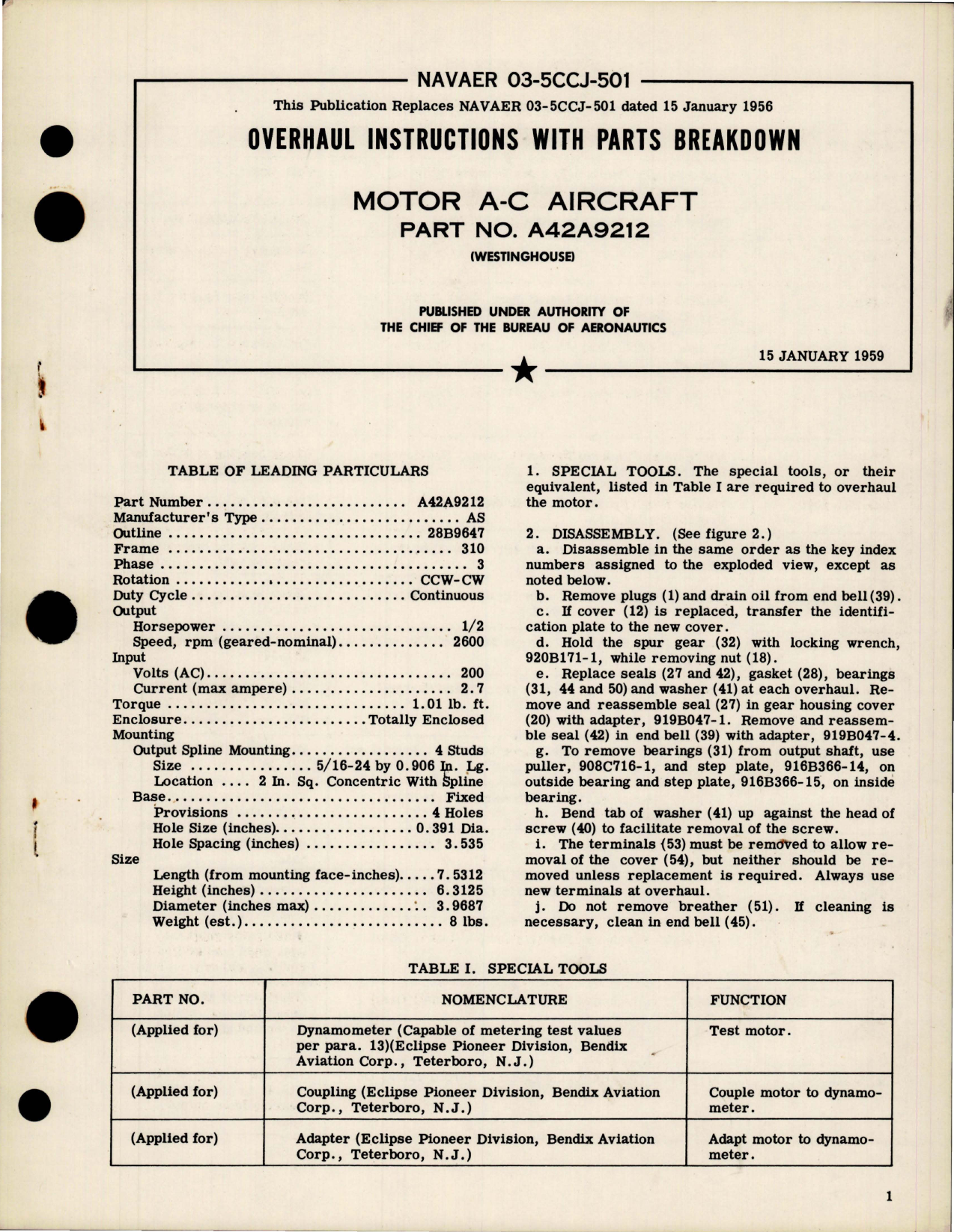 Sample page 1 from AirCorps Library document: Overhaul Instructions with Parts Breakdown for AC Aircraft Motor - Part A24A9212 