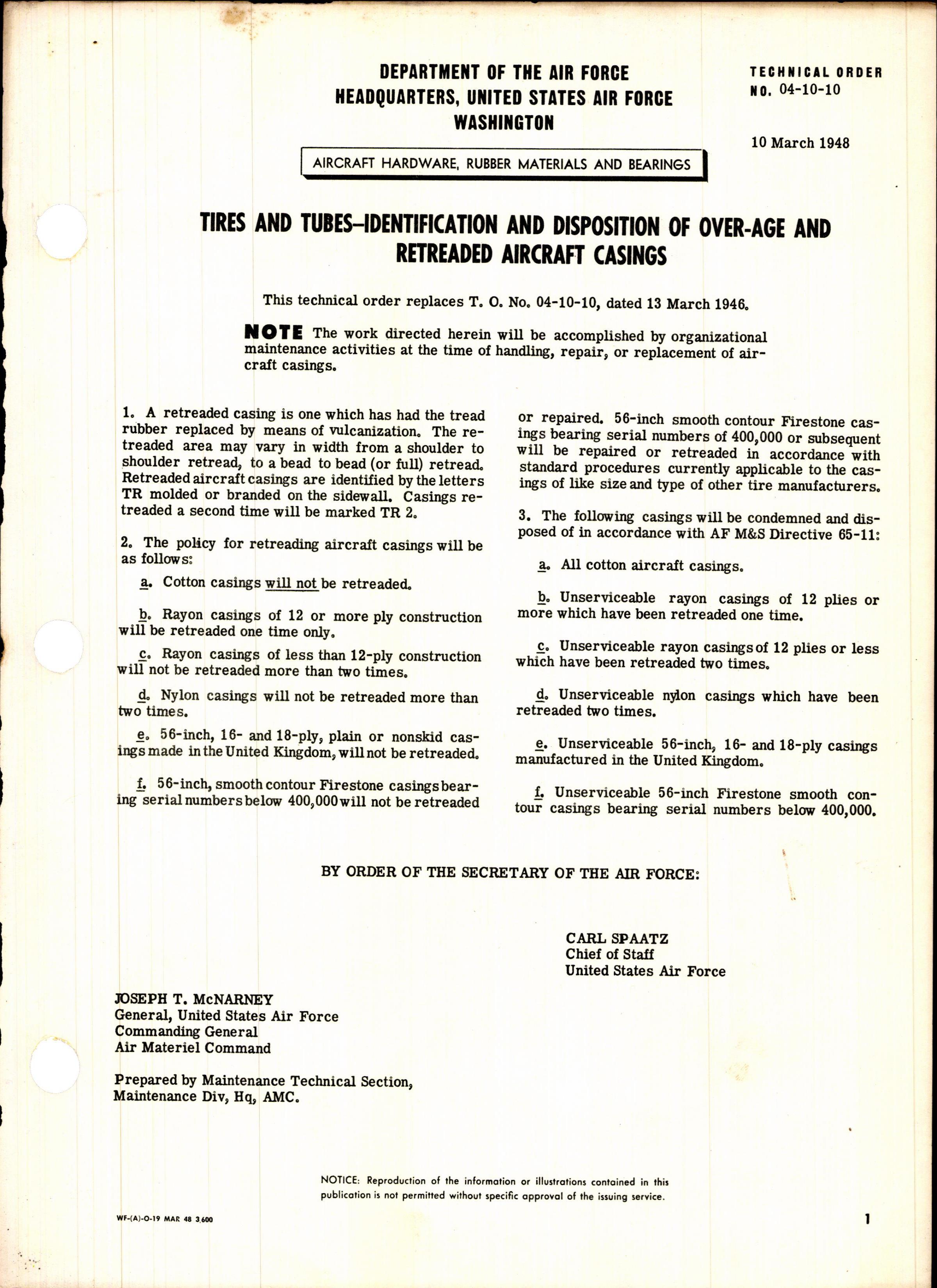 Sample page 1 from AirCorps Library document: Identification and Disposition of Over-Age and Retreaded Aircraft Casings