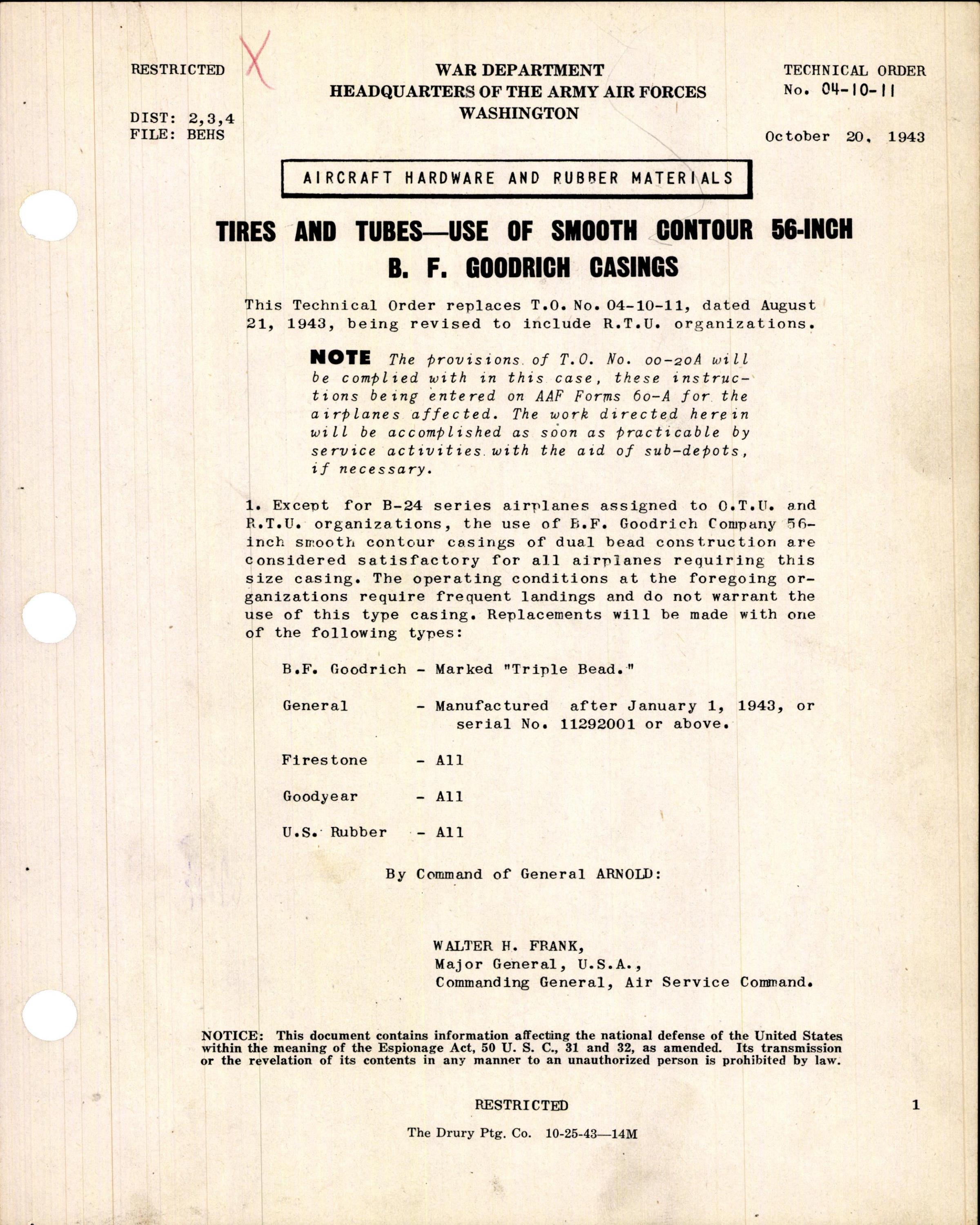 Sample page 1 from AirCorps Library document: Use of Smooth Contour 56-Inch B.F. Goodrich Casings