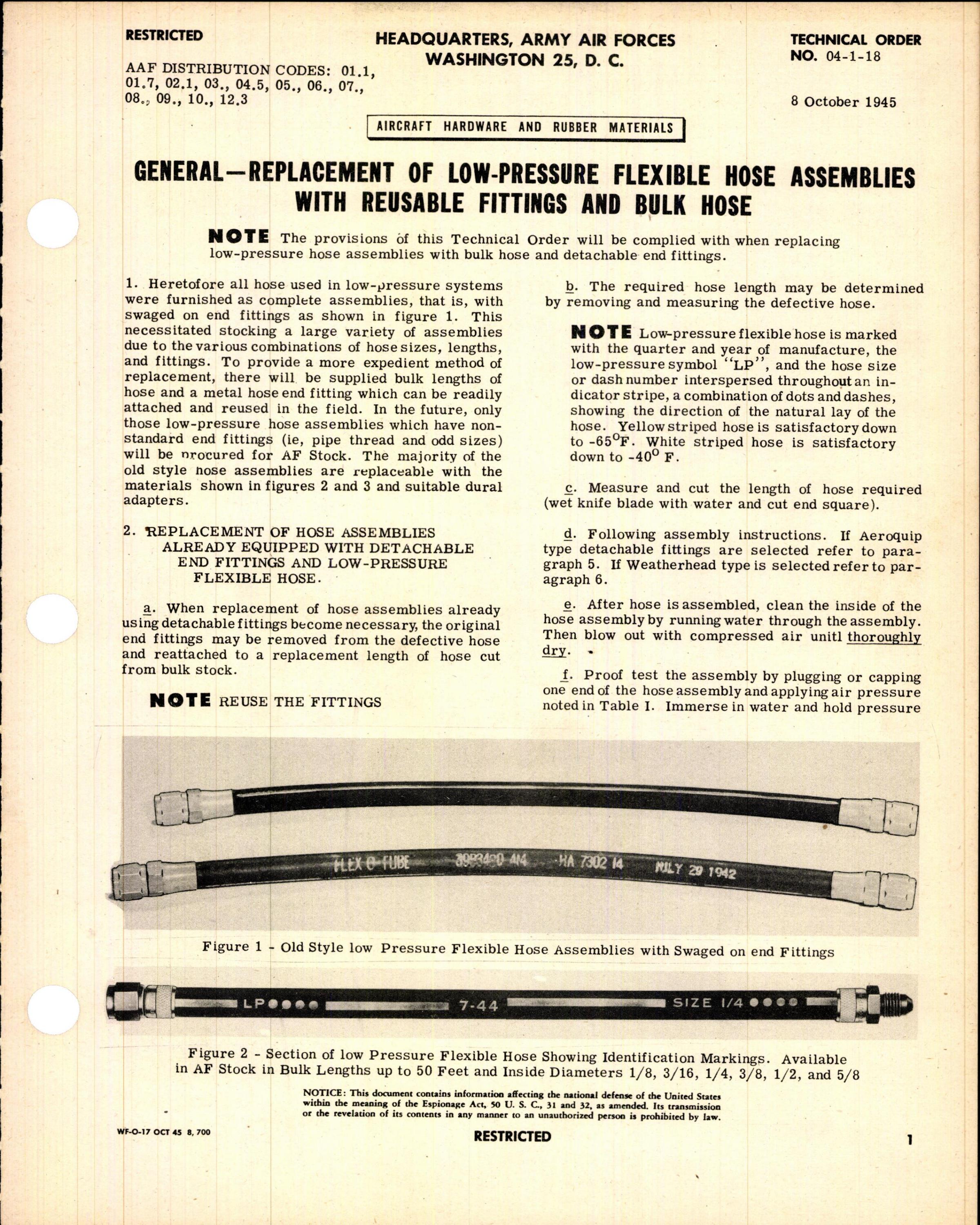 Sample page 1 from AirCorps Library document: Replacement of Low-Pressure Flexible Hose Assemblies with Reusable Fittings and Bulk Hose